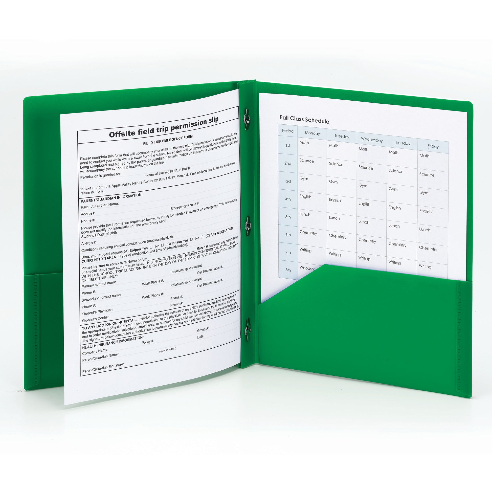 Poly Two-Pocket Folders with Fasteners, Green Color, Letter Size, Set of 3, 086486877329