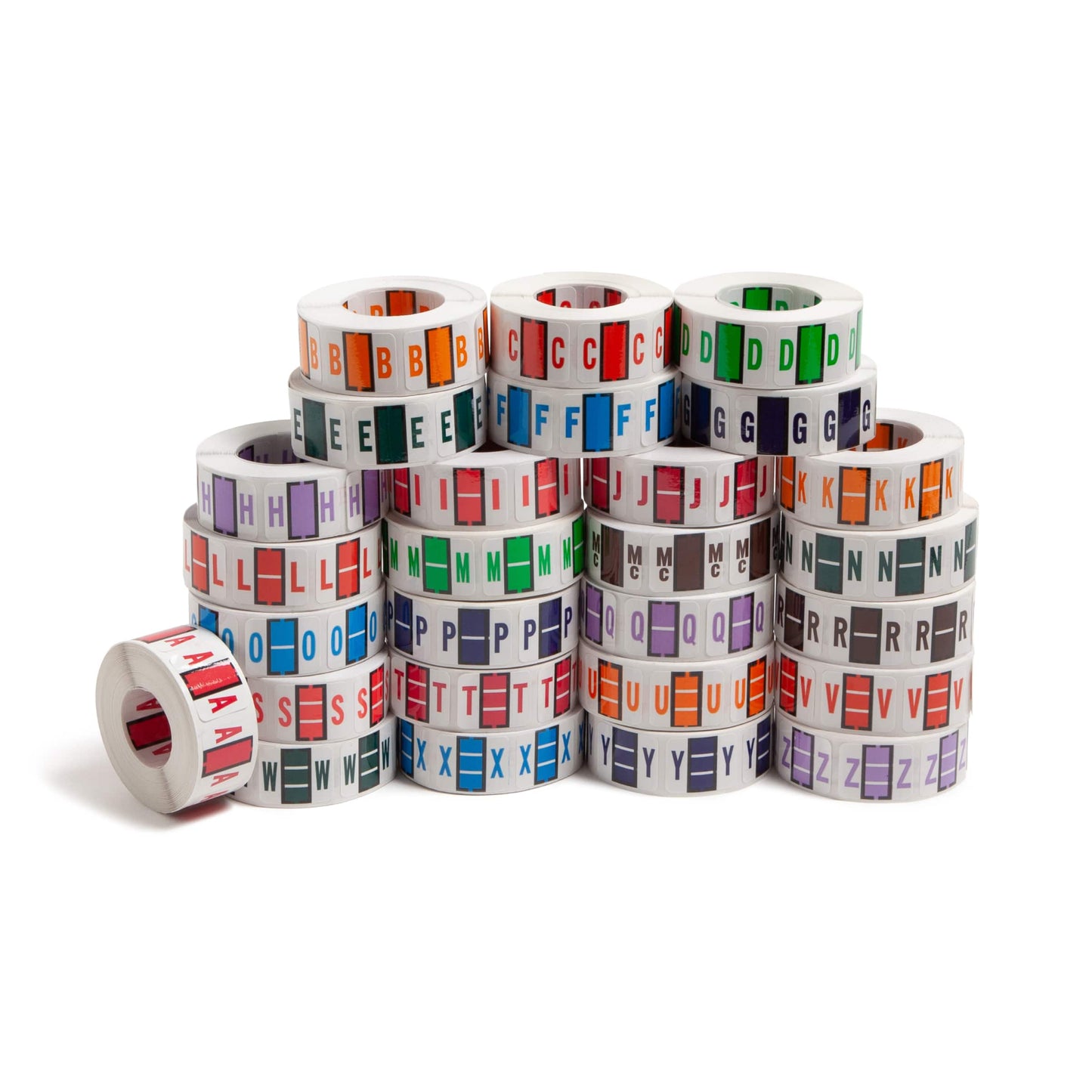 BCCR Bar Style Color-Coded Alphabetic Labels, A-Z Rolls, Assorted Colors Color, 1-1/4" X 1" Size, Set of 13000, 086486670708