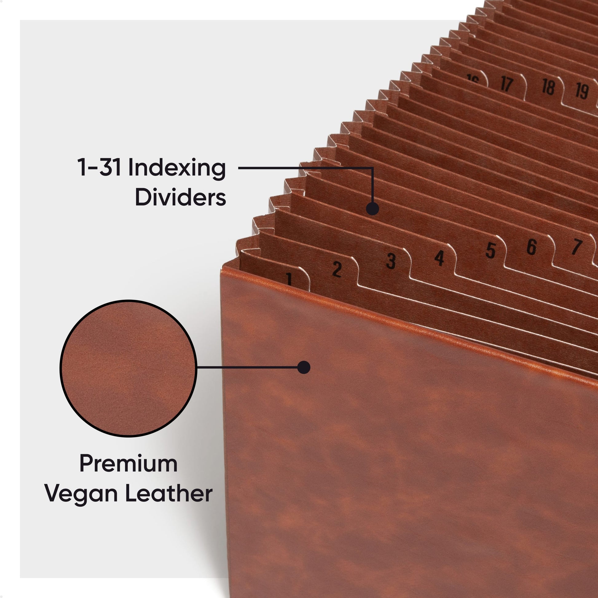 TUFF® Vegan Leather Expanding Files, 31 Pockets, Numerical , Brown Color, Letter Size, Set of 1, 086486737852