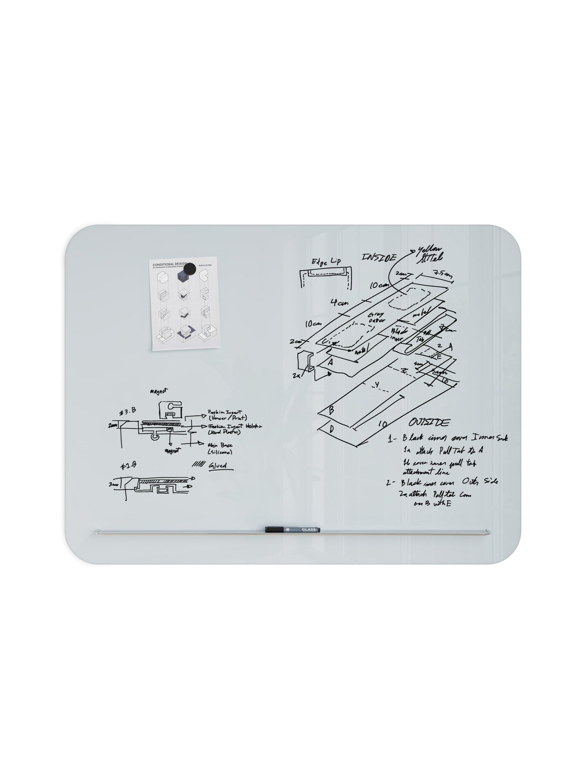 Rounded Edge Glass Board with Floating Tray, White, 47" x 35", 4 x 3, White, 47" X 35" Size, Set of 1, 843463148496