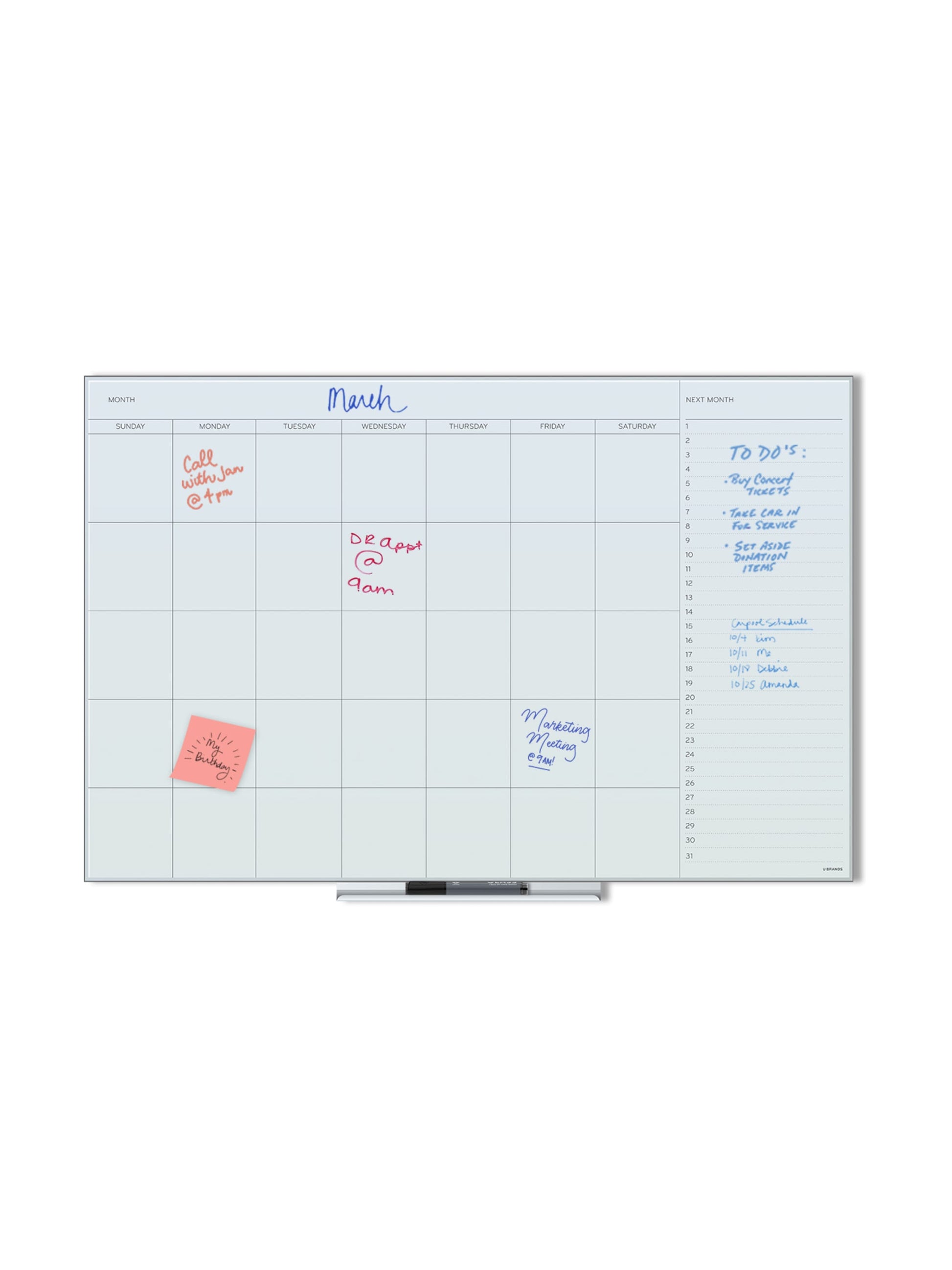 Floating Glass Non-Magnetic DE Calendar Board, White, 35" x 23", 3 x 2, White, 35" X 23" Size, Set of 1, 817894027750