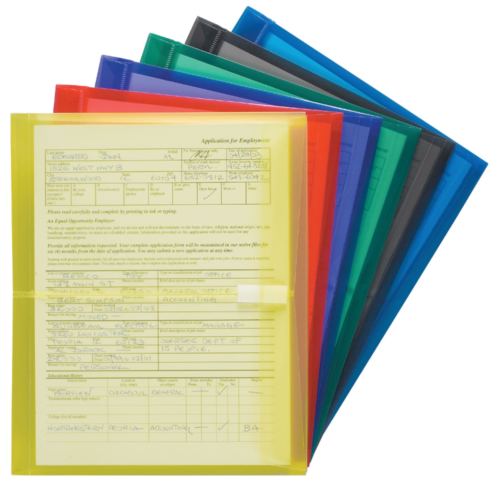 Poly Envelopes with Hook and Loop Closure, 1-1/4 Inch Expansion, Side Load, Assorted Colors Color, Letter Size, Set of 6, 086486896696