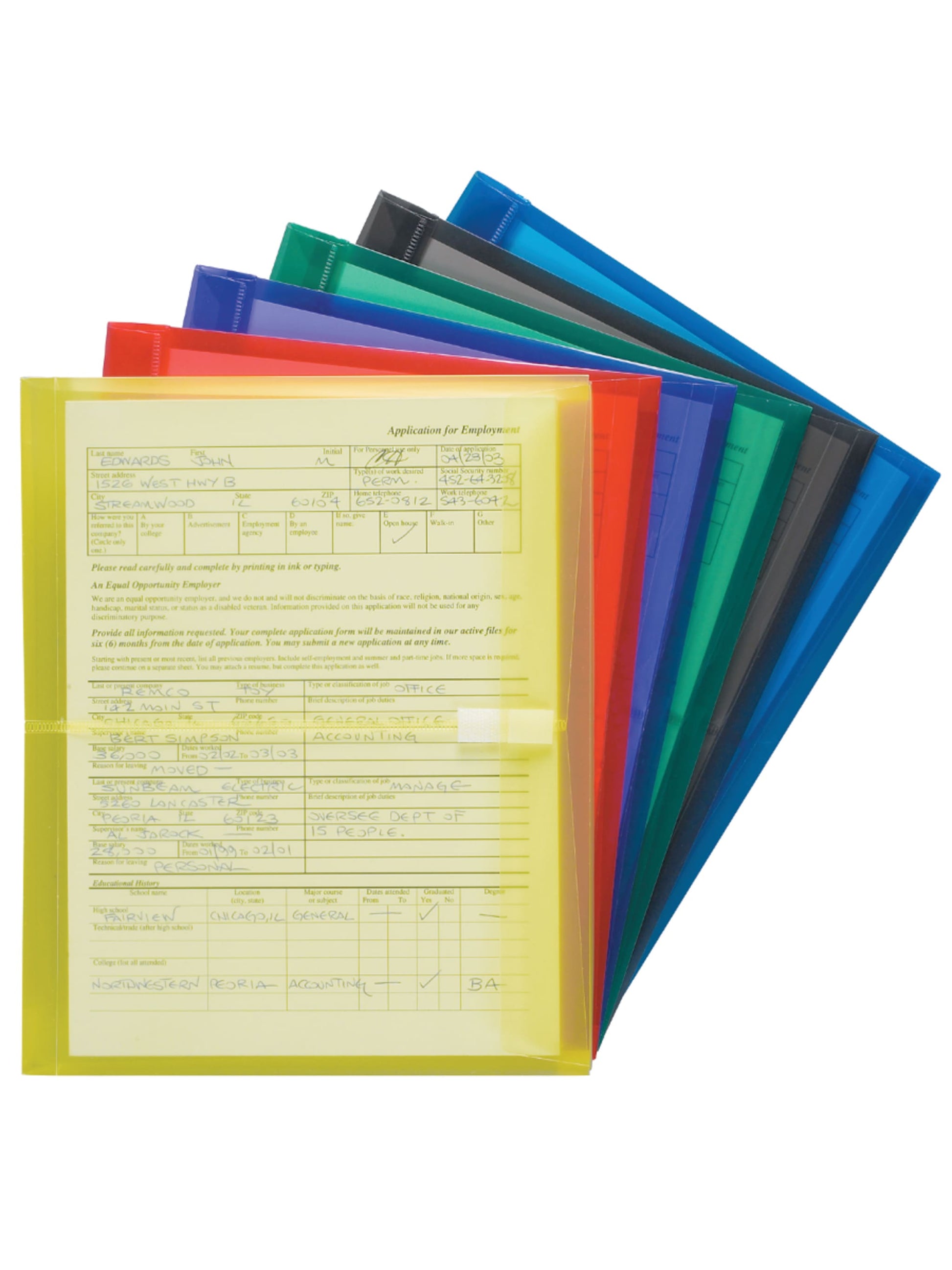 Poly Envelopes with Hook and Loop Closure, 1-1/4 Inch Expansion, Side Load, Assorted Colors Color, Letter Size, Set of 1, 086486896696