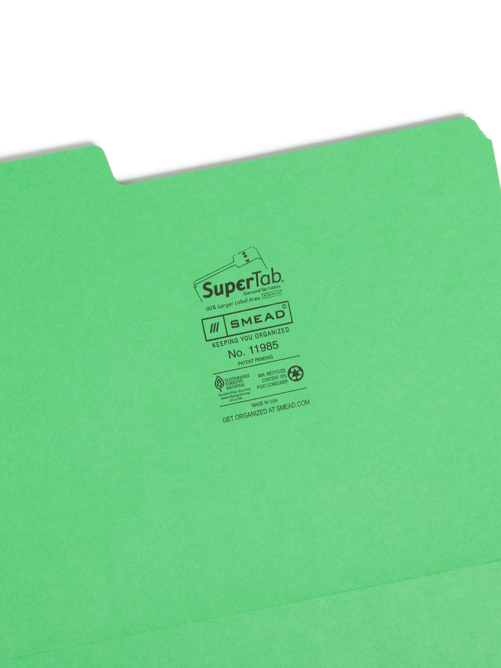 SuperTab® File Folders, 1/3-Cut Tab, Green Color, Letter Size, Set of 100, 086486119856