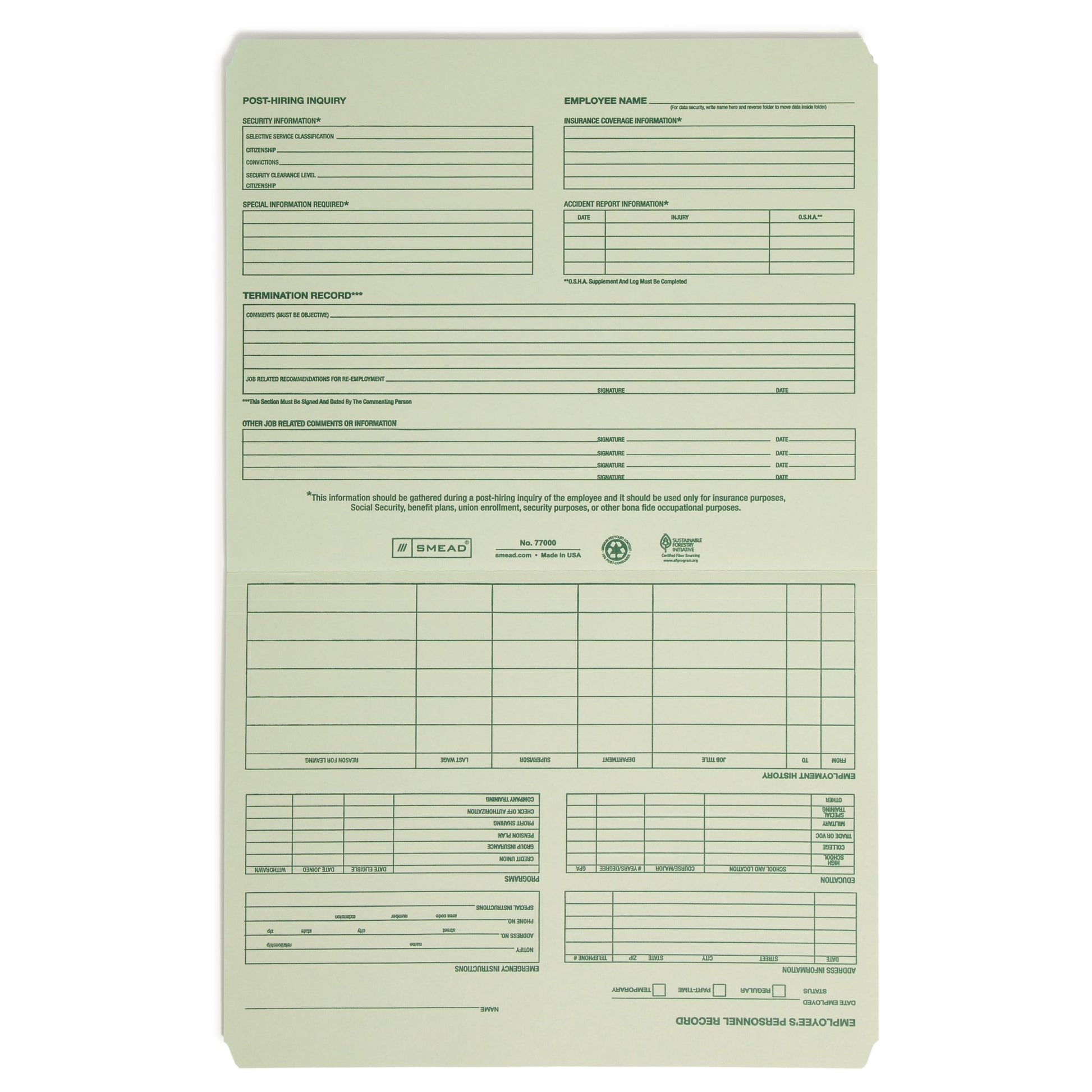 Employee Record File Folders, Moss Green Color, Letter Size, Set of 20, 086486770002
