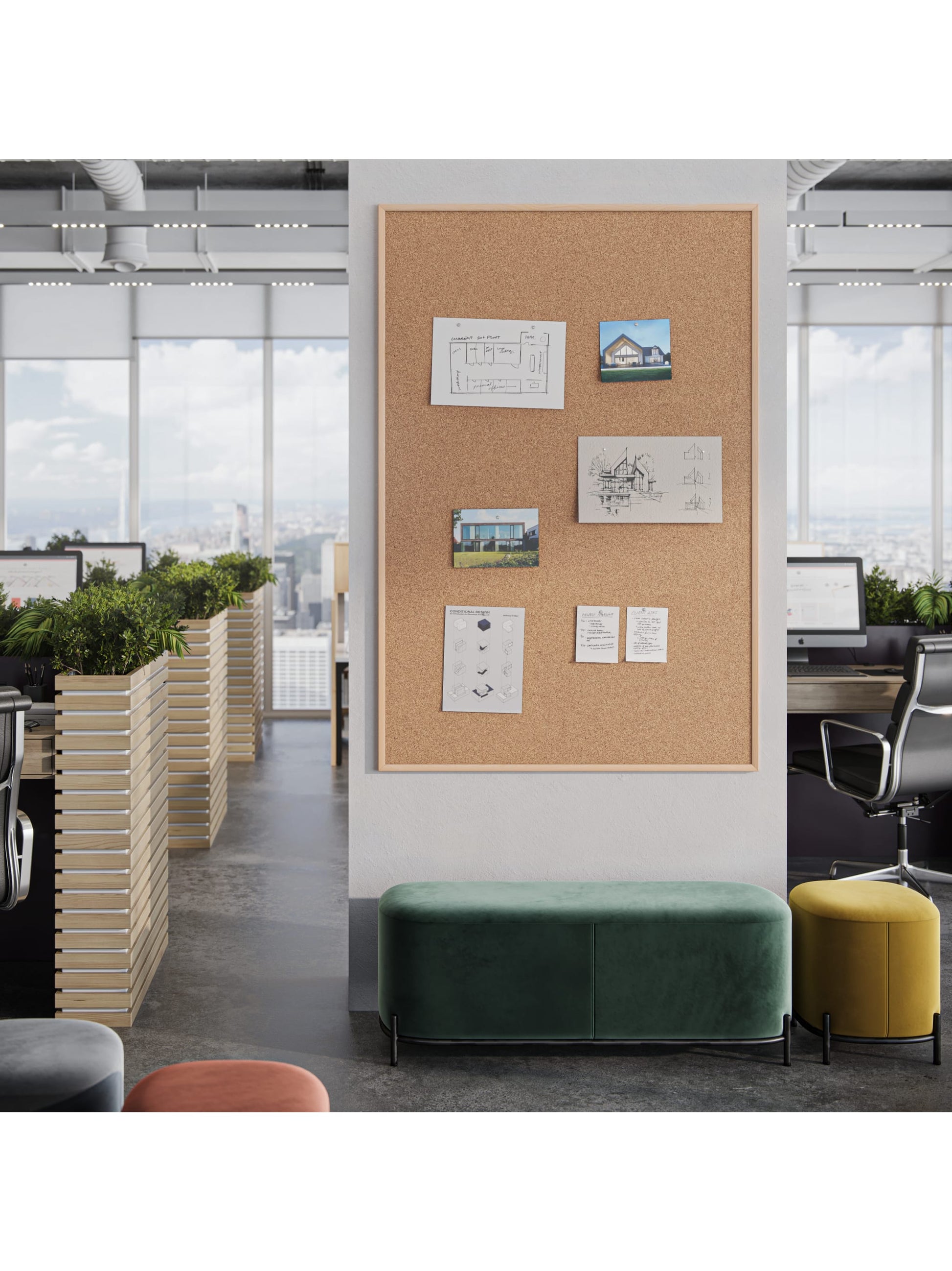 MDF Frame Cork Board, Birch, Brown, 70" x 47", 6 x 4, Brown, 70" X 47" Size, Set of 1, 817894028726