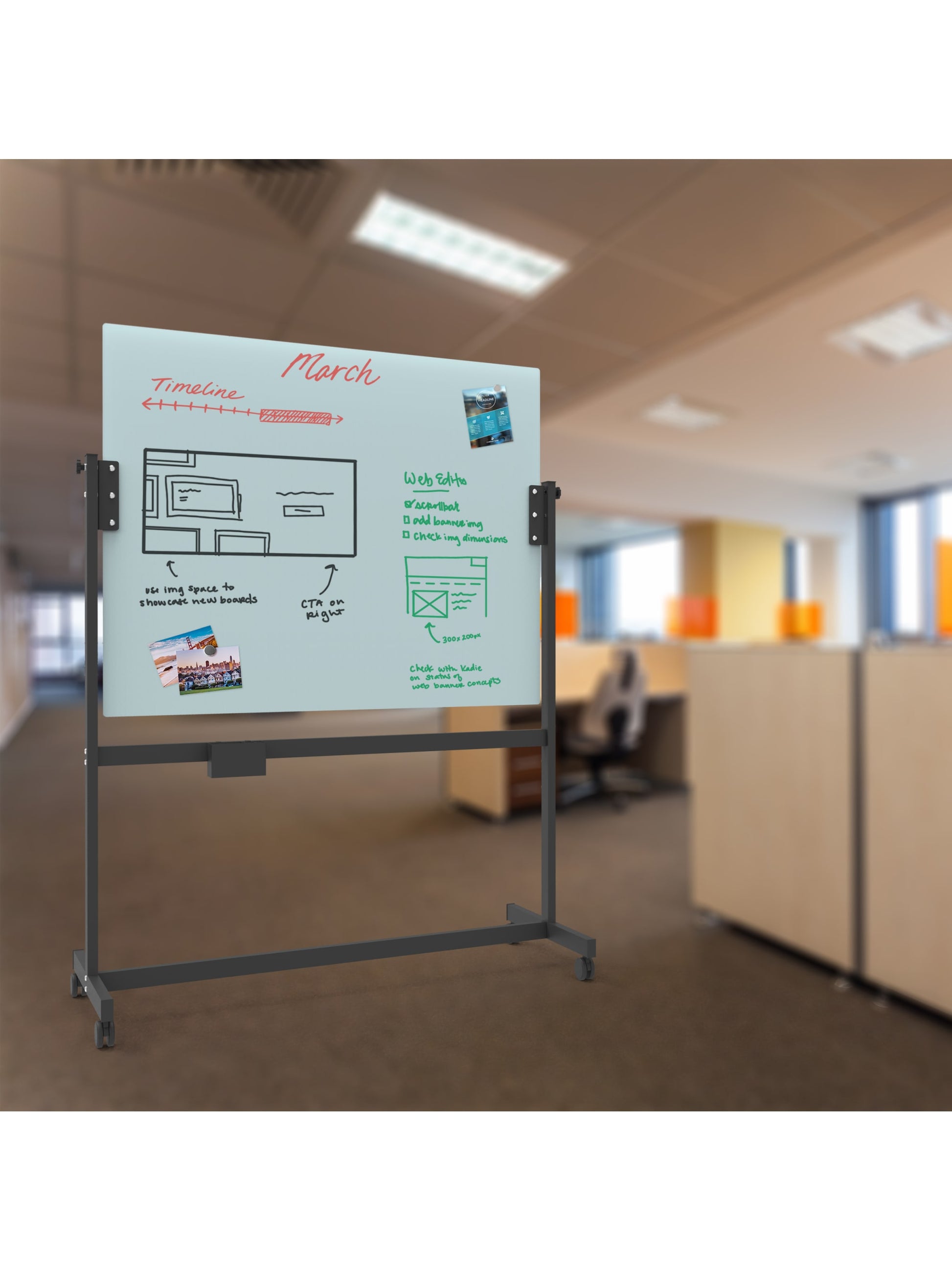 Double Sided Magnetic Glass Rolling Easel, White, 48" x 40", 4 x 4, White, 48" X 40" Size, Set of 1, 817894029143