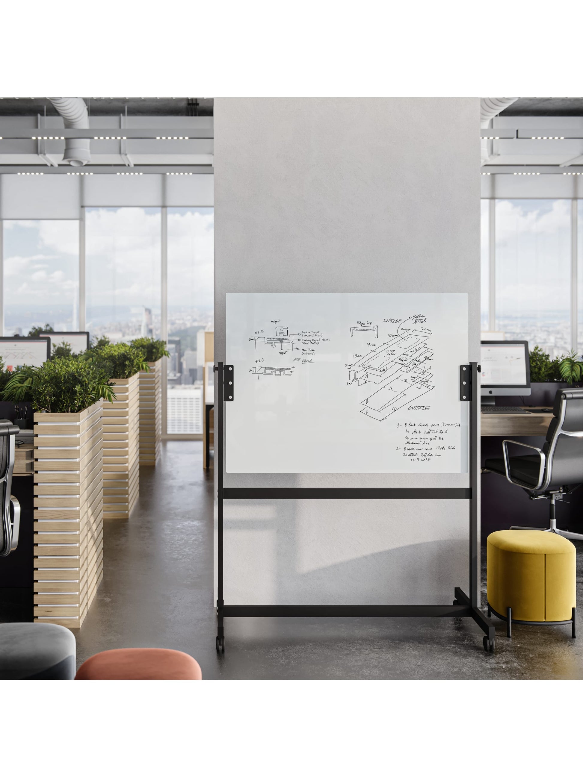 Double Sided Magnetic Glass Rolling Easel, White, 47" x 35", 4 x 3, White, 47" X 35" Size, Set of 1, 817894023684
