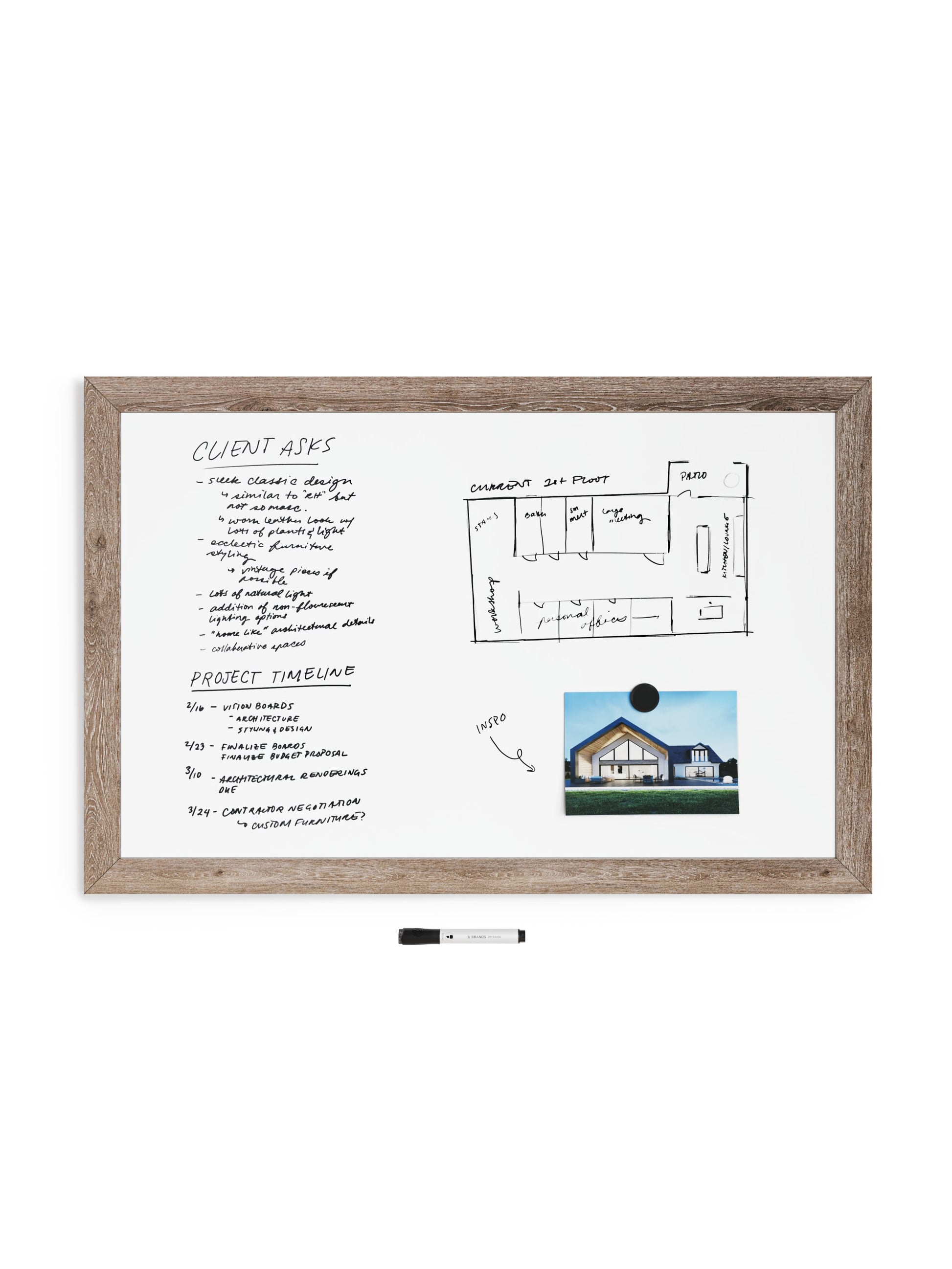 Rustic Frame Dry Erase Board, Brown, White, 35" x 23", 3 x 4, White, 35" X 23" Size, Set of 1, 843463148908