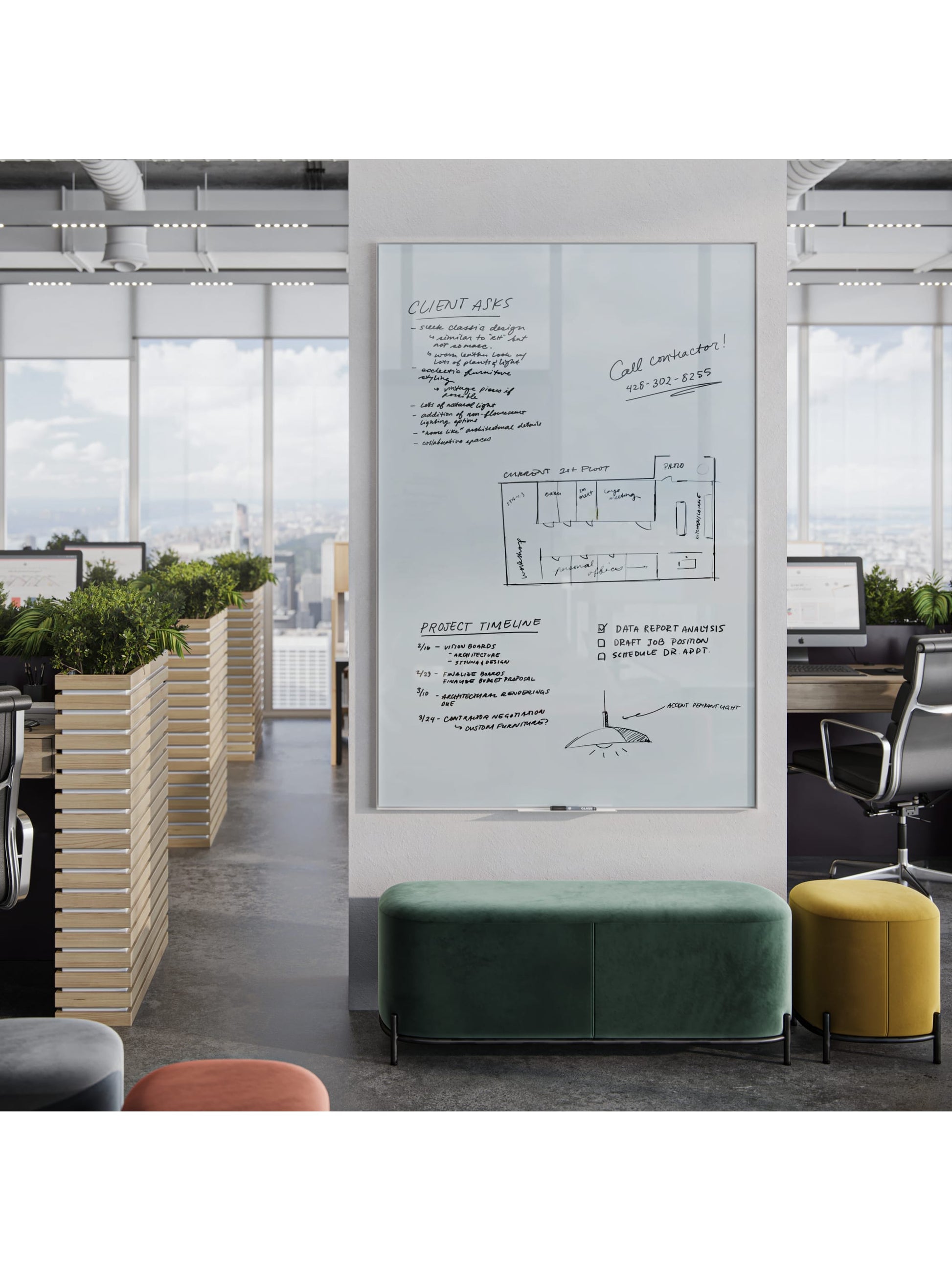 Aluminum Frame Magnetic Glass Dry Erase Board, White, White, 70" x 47", 6 x 4, White, 70" X 47" Size, Set of 1, 817894028276