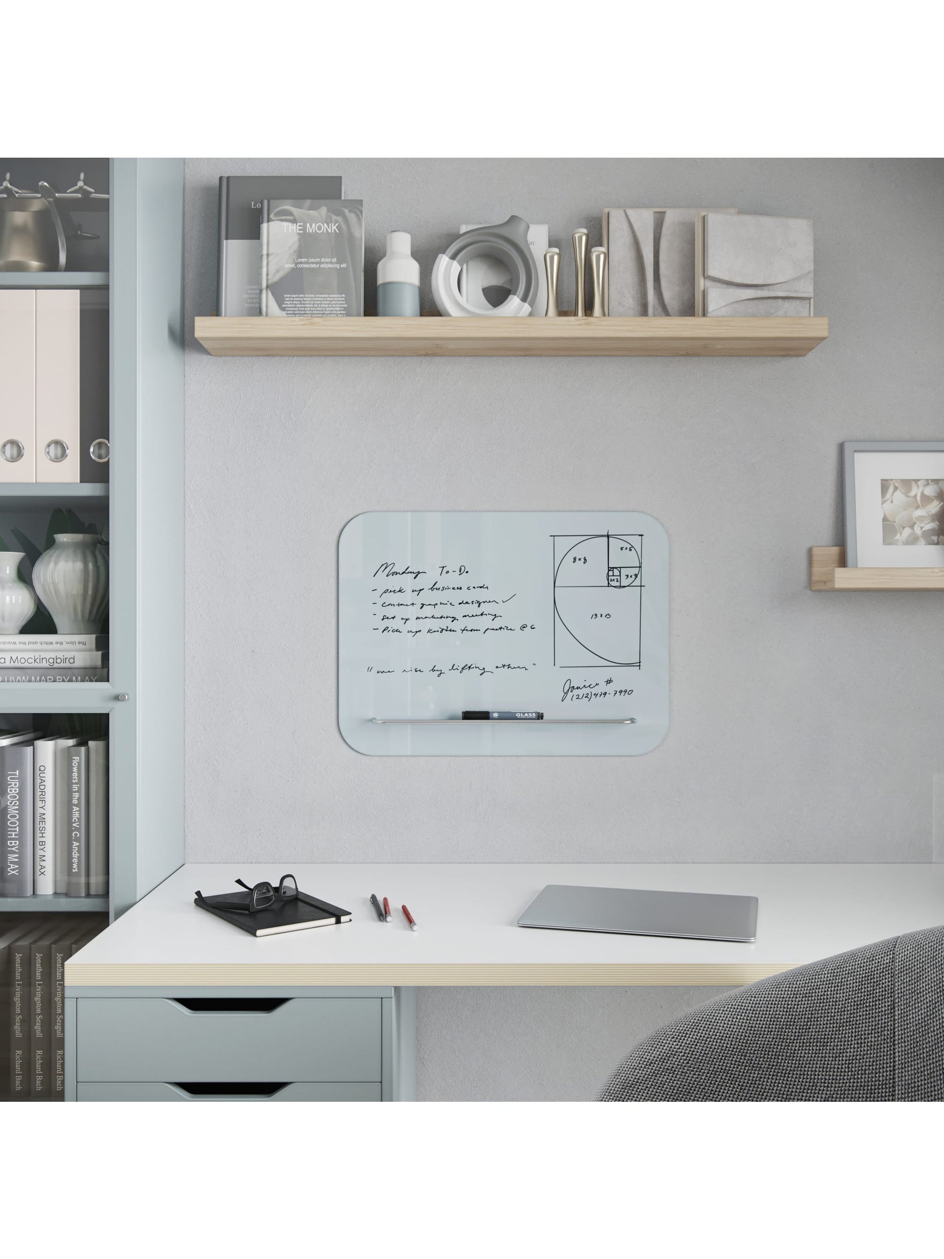 Rounded Edge Glass Board with Floating Tray, White, 23" x 17", 2' or Smaller, White, 23" X 17" Size, Set of 1, 843463147598