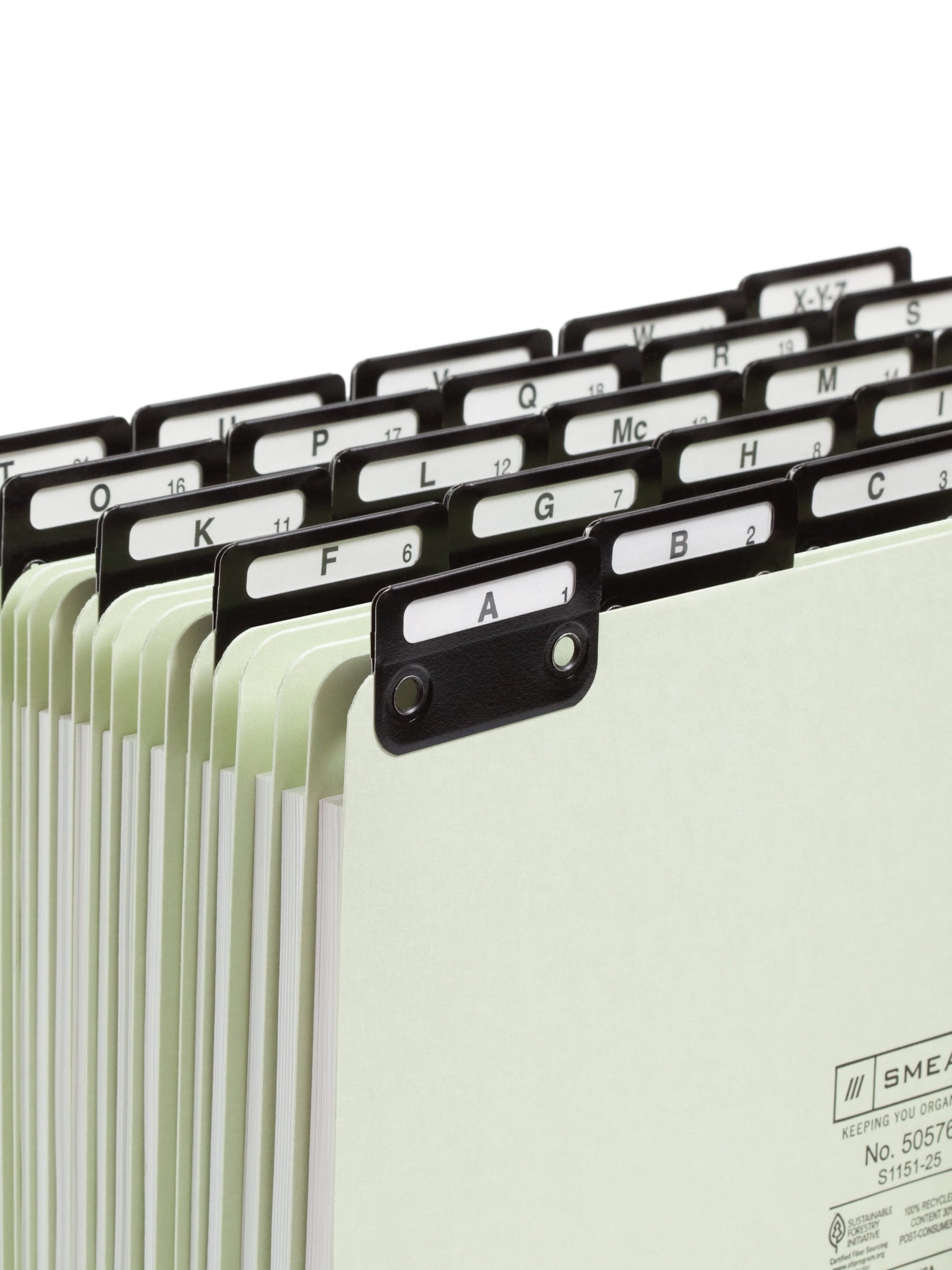 Heavyweight Filing Guides with Alphabetic Indexing, 1/5-Cut Metal Tab, Gray/Green Color, Letter Size, Set of 25, 086486505765