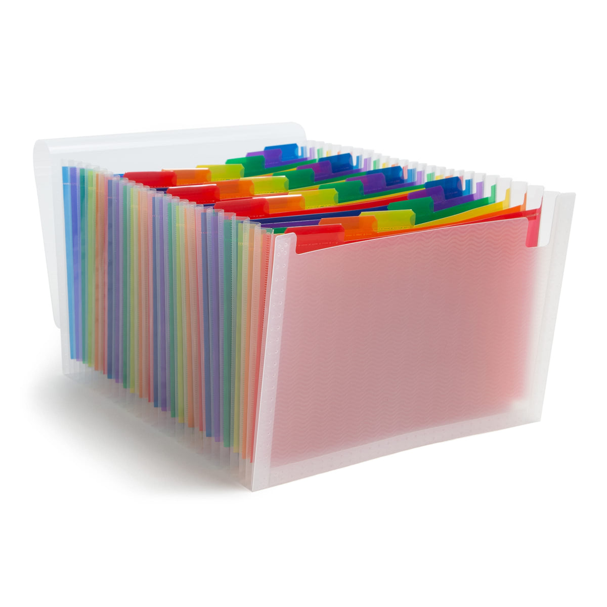 Expanding file organizer with labeled pockets, used to store baby product manuals and receipts