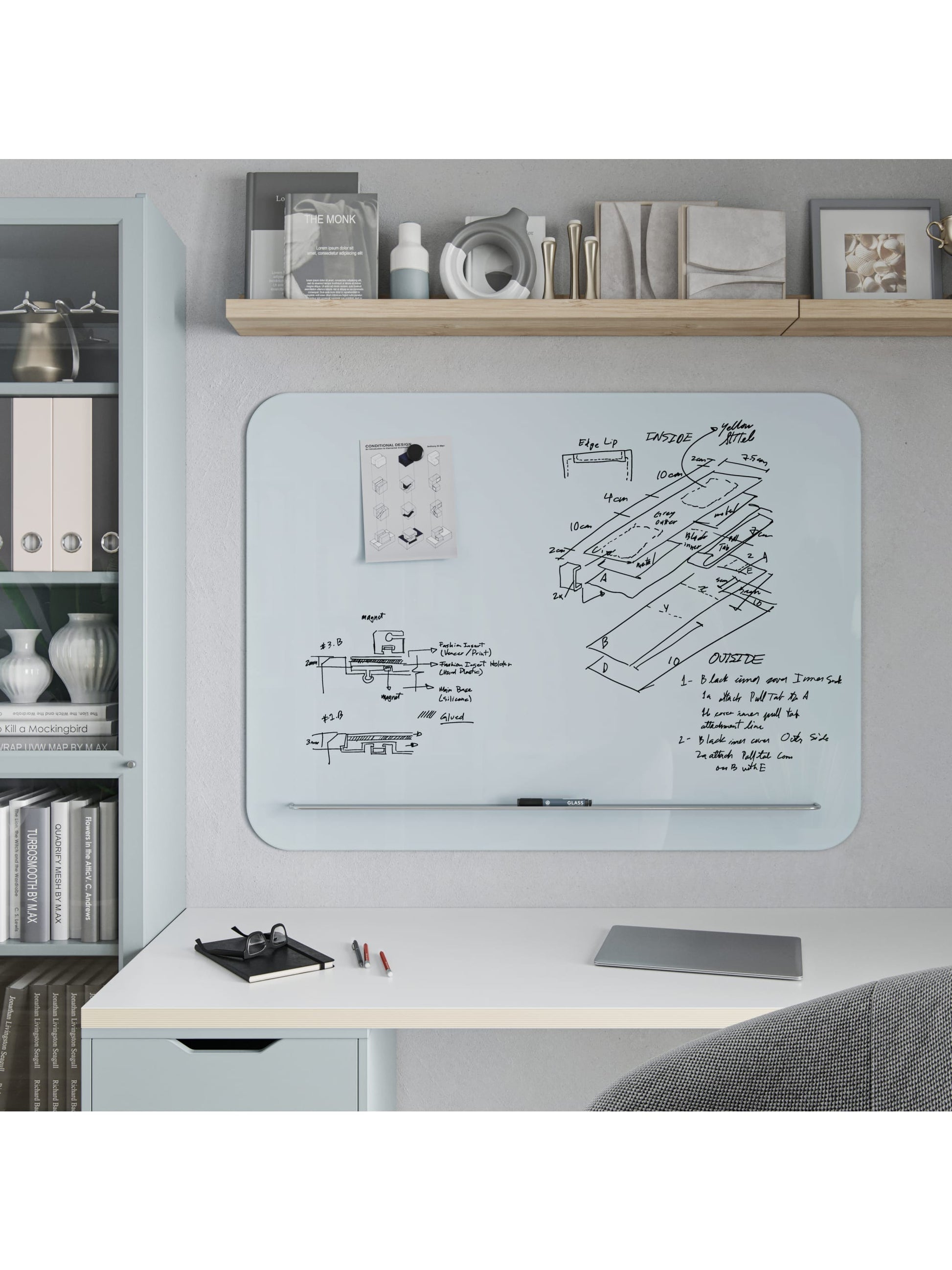 Rounded Edge Glass Board with Floating Tray, White, 47" x 35", 4 x 3, White, 47" X 35" Size, Set of 1, 843463148496