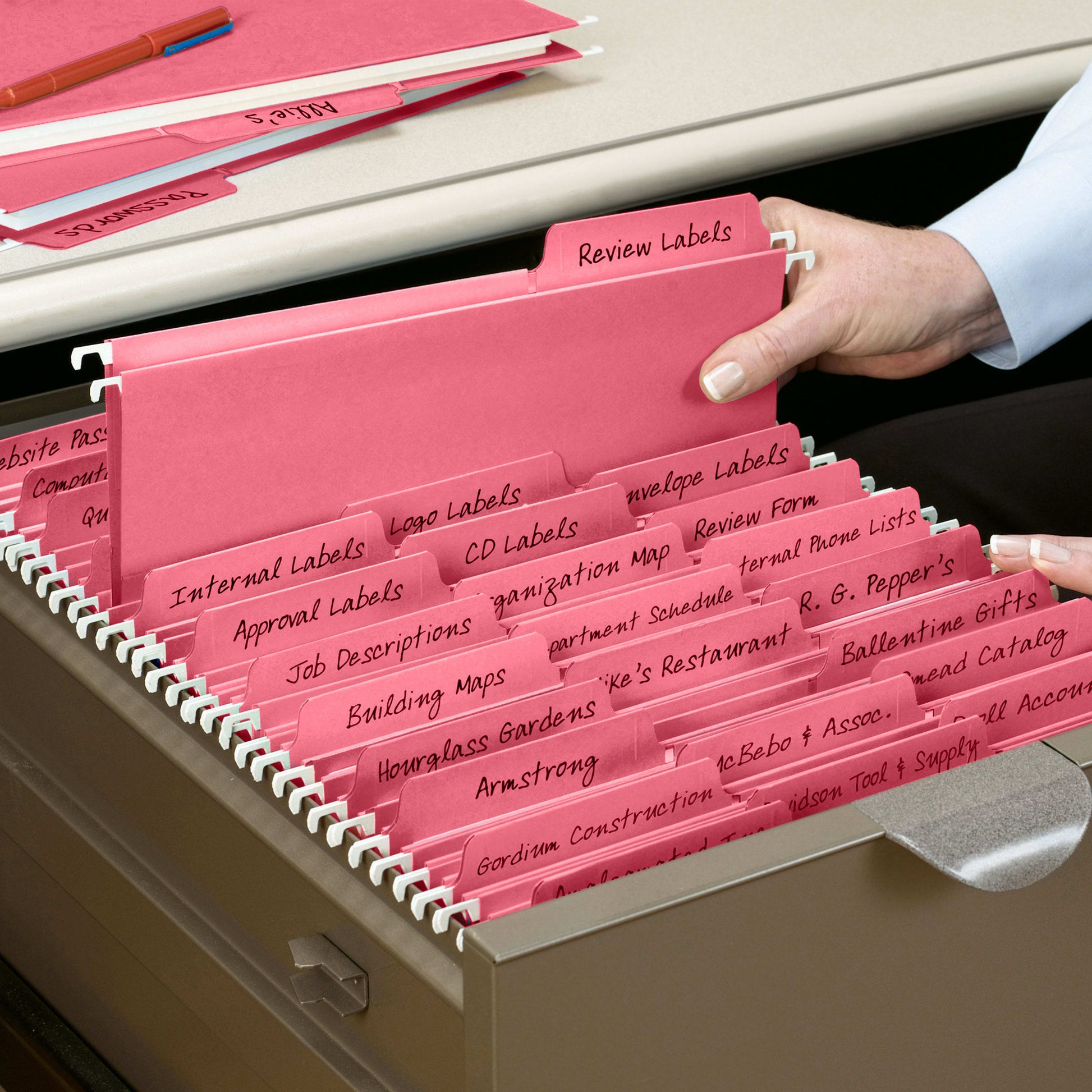 FasTab® Hanging File Folders, 1/3-Cut Tab, Dark Pink Color, Letter Size, Set of 9, 086486640145
