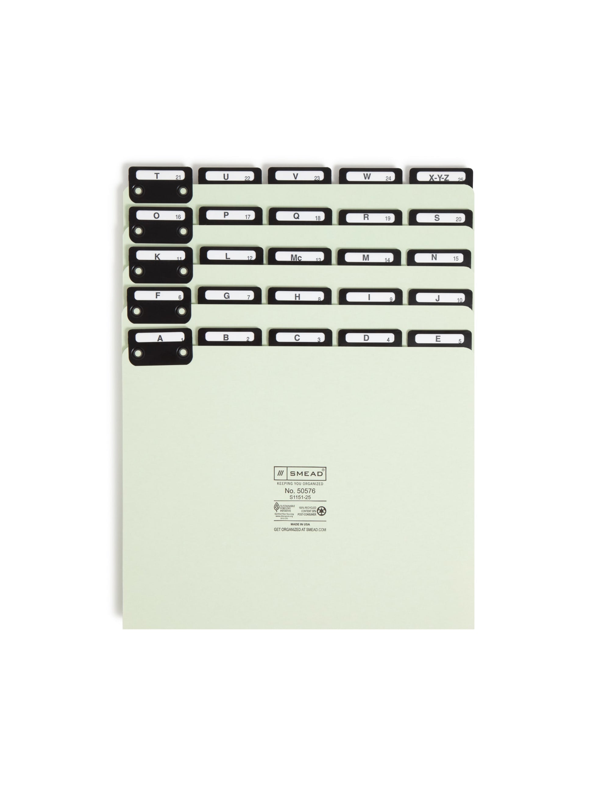 Heavyweight Filing Guides with Alphabetic Indexing, 1/5-Cut Metal Tab, Gray/Green Color, Letter Size, Set of 25, 086486505765