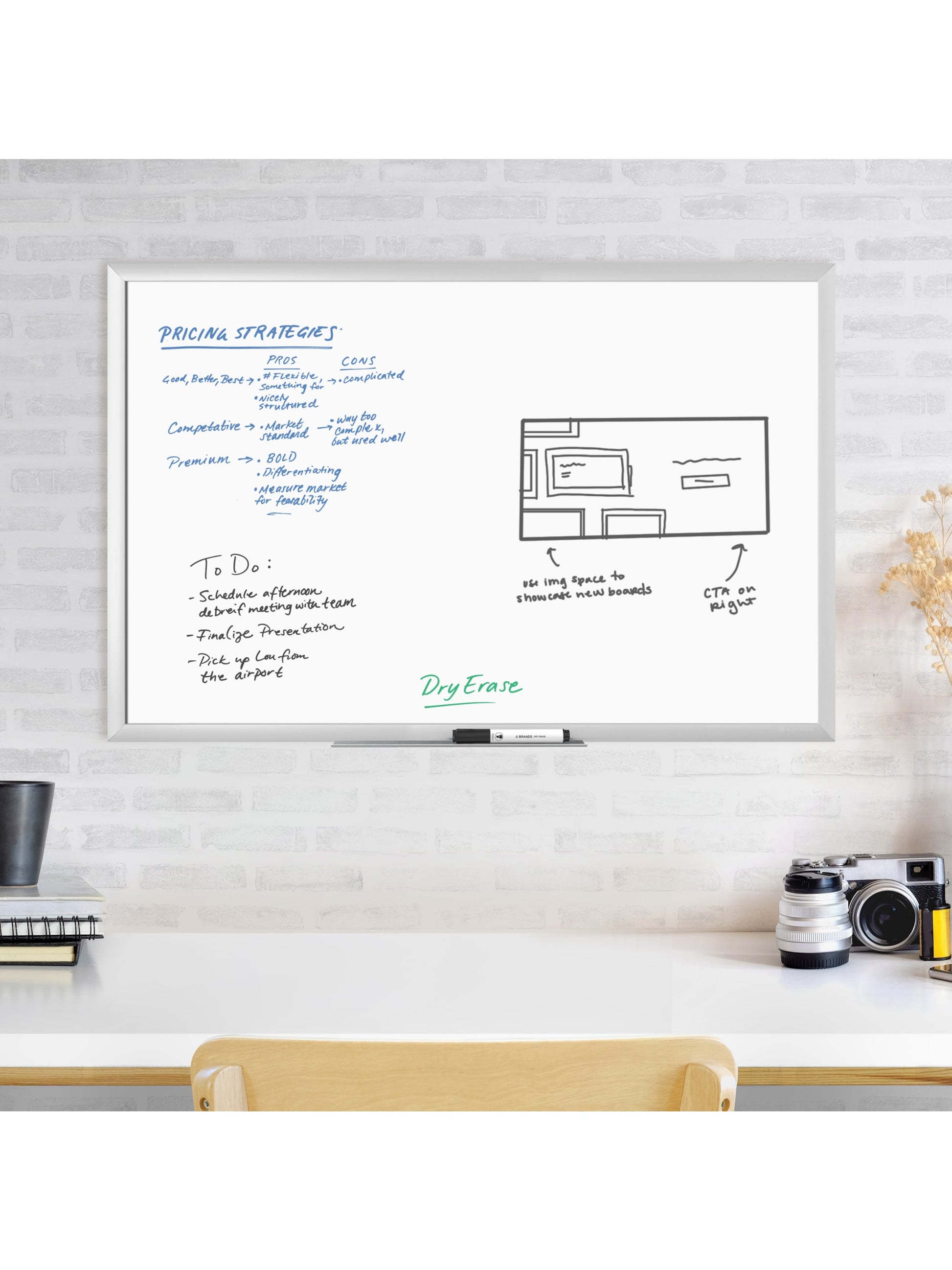 Metal Frame Melamine Dry Erase Board, Silver, White, 35" x 23", 3 x 2, White, 35" X 23" Size, Set of 1, 812296020316