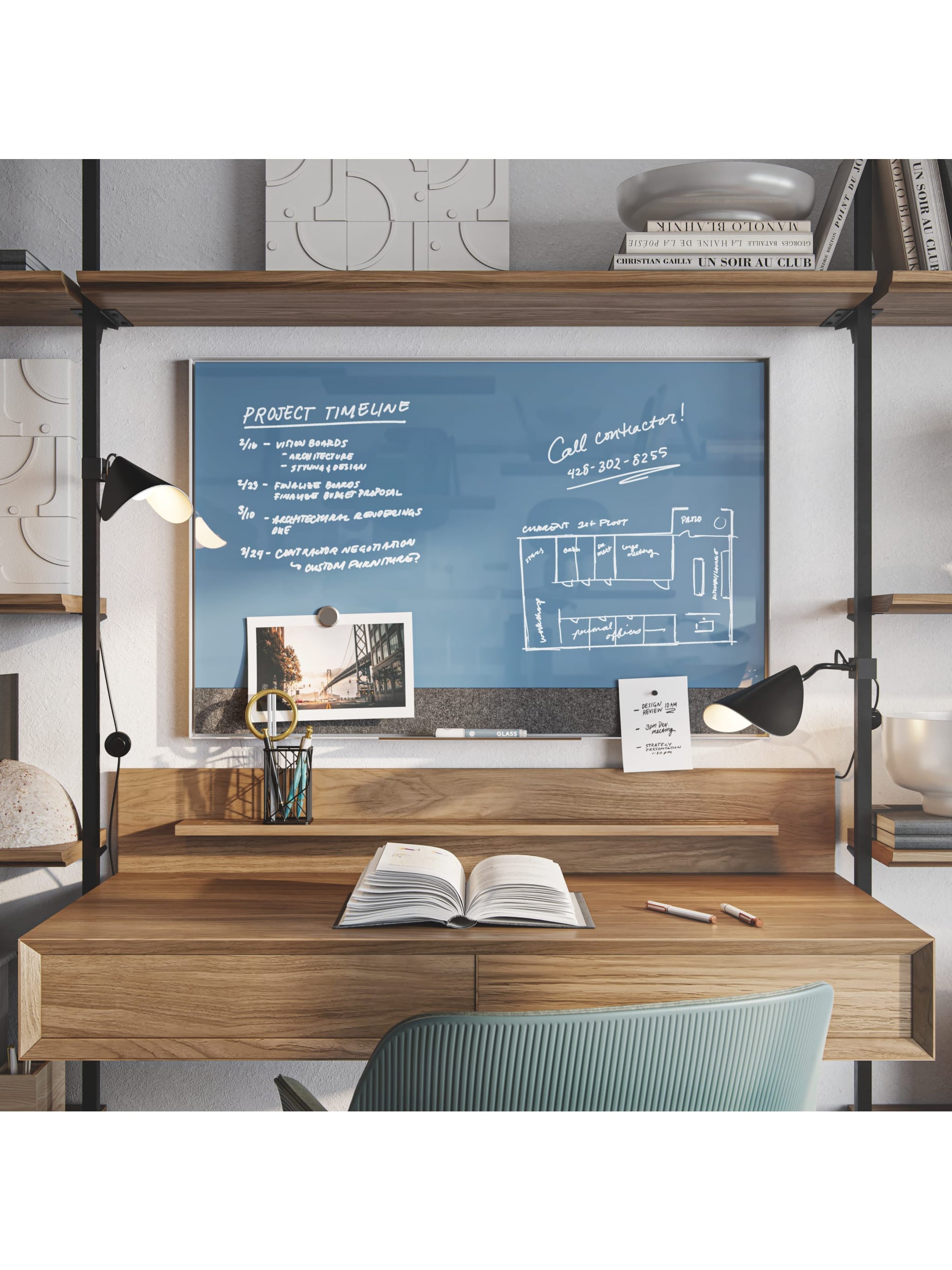 Aluminum Frame Non-Magnetic Glass Dry Erase Board, White, Blue, 35" x 23", 3 x 2, Blue, 35" X 23" Size, Set of 1, 843463131948
