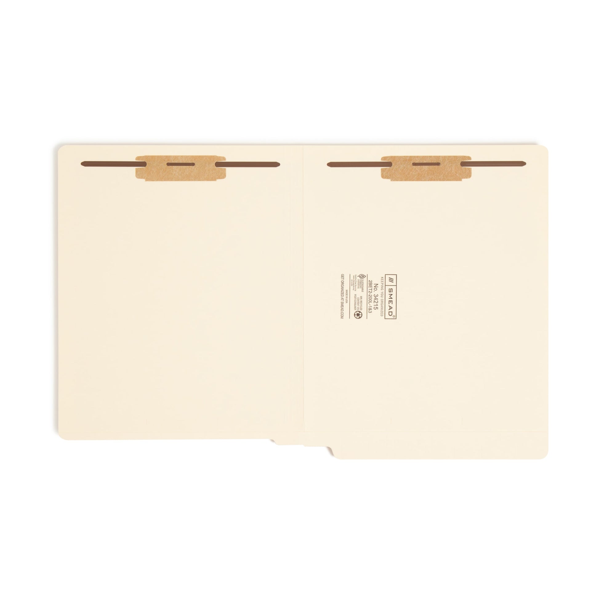End Tab Fastener Folders with Shelf-Master® Reinforced Tab, Straight-Cut Tab, Two Fasteners, Manila Color, Letter Size, Set of 50, 086486342155