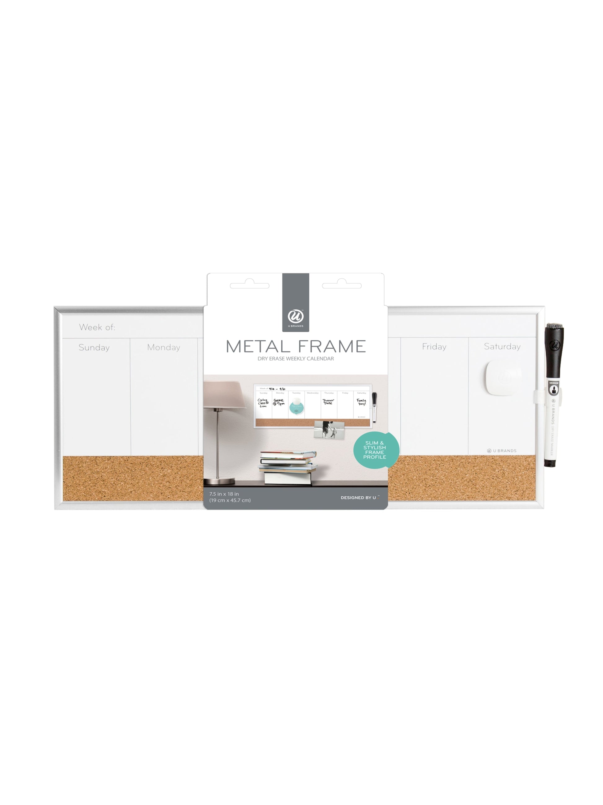 Metal Frame Dry Erase Weekly Combo Board, Silver, White, 18" x 7.5", 2' or Smaller, White, 18" X 7.5" Size, Set of 1, 812296023621