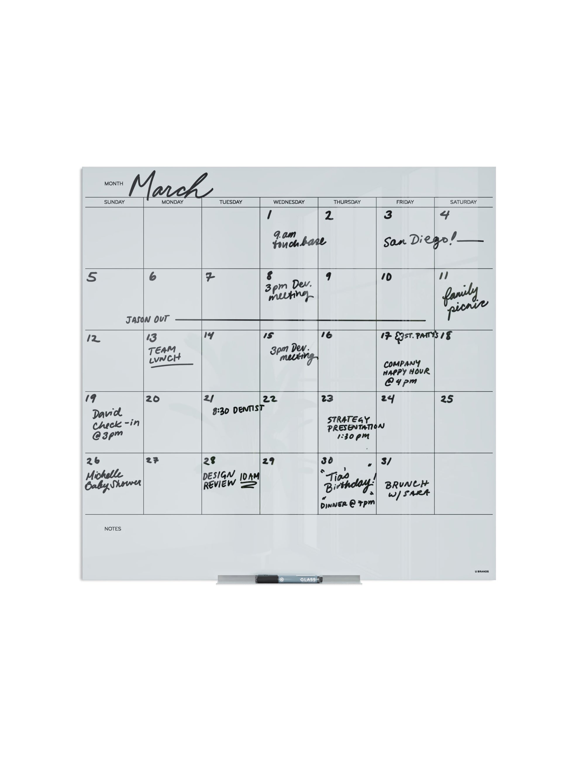 Floating Glass Non-Magnetic DE Calendar Board, White, 35" x 35", 3 x 3, White, 35" X 35" Size, Set of 1, 817894029105