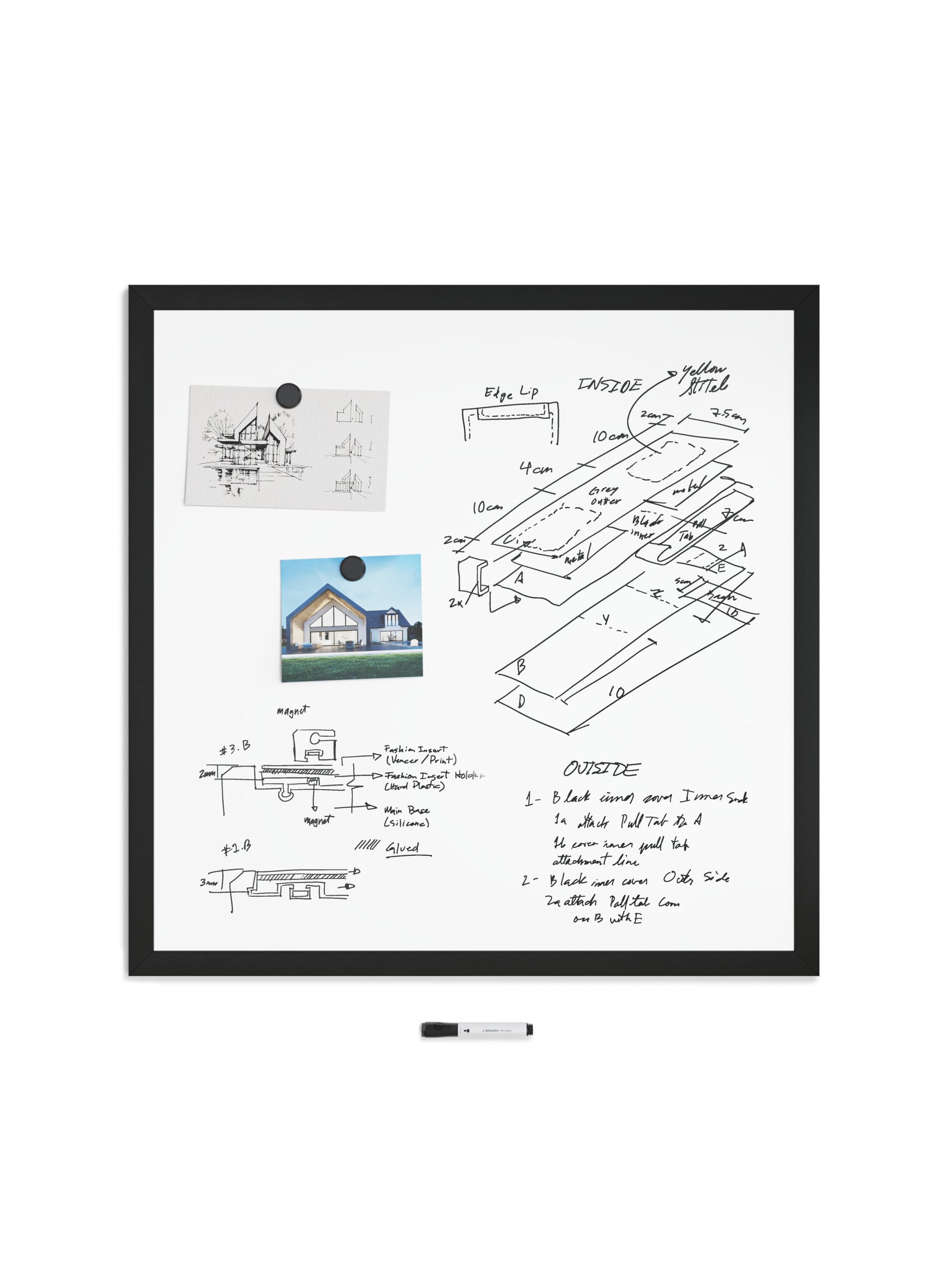 MDF Frame Dry Erase Board, Black, White, 35" x 35", 3 x 3, White, 35" X 35" Size, Set of 1, 817894028924