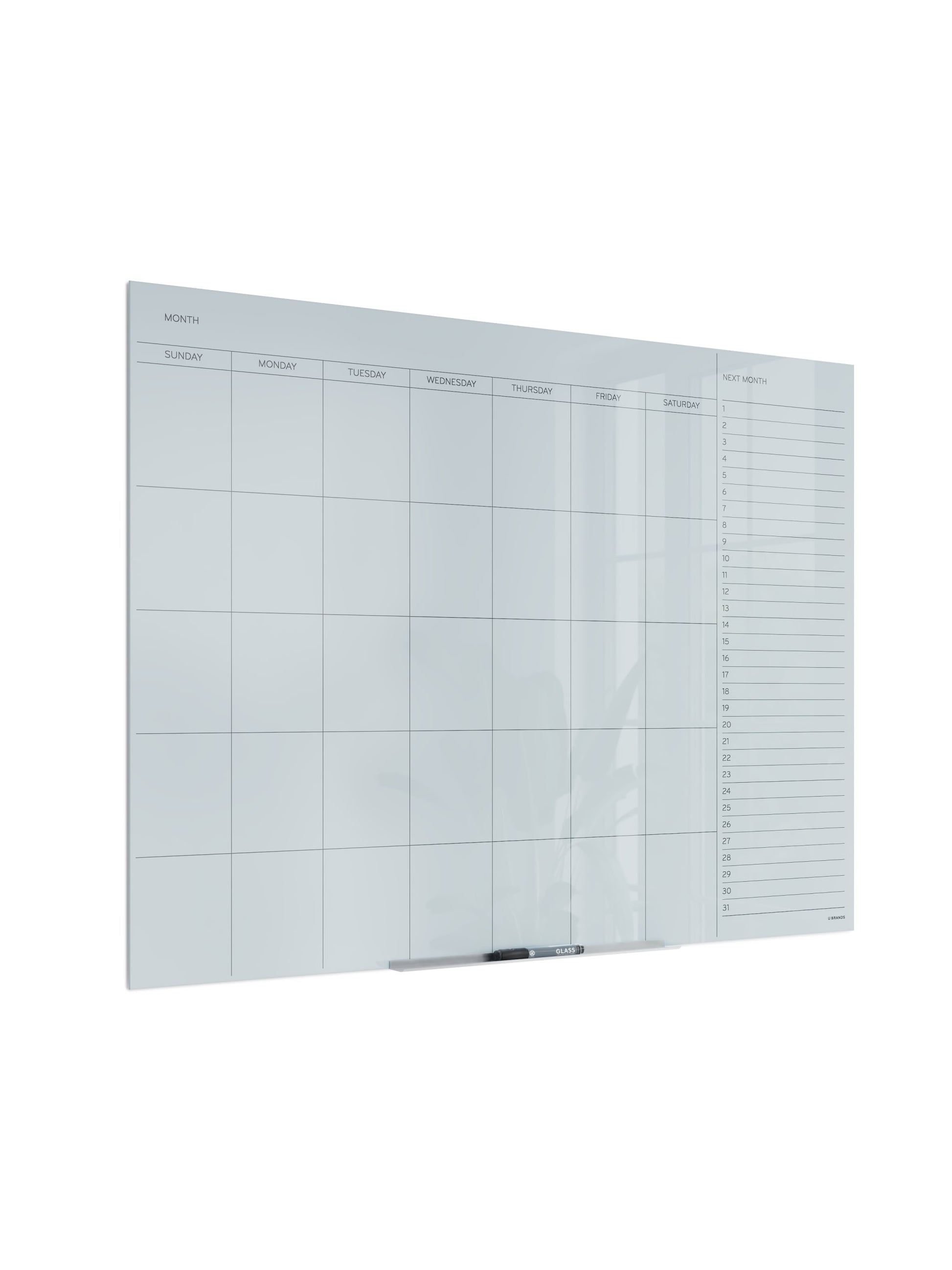 Floating Glass Non-Magnetic DE Calendar Board, White, 47" x 35", 4 x 3, White, 47" X 35" Size, Set of 1, 817894027767