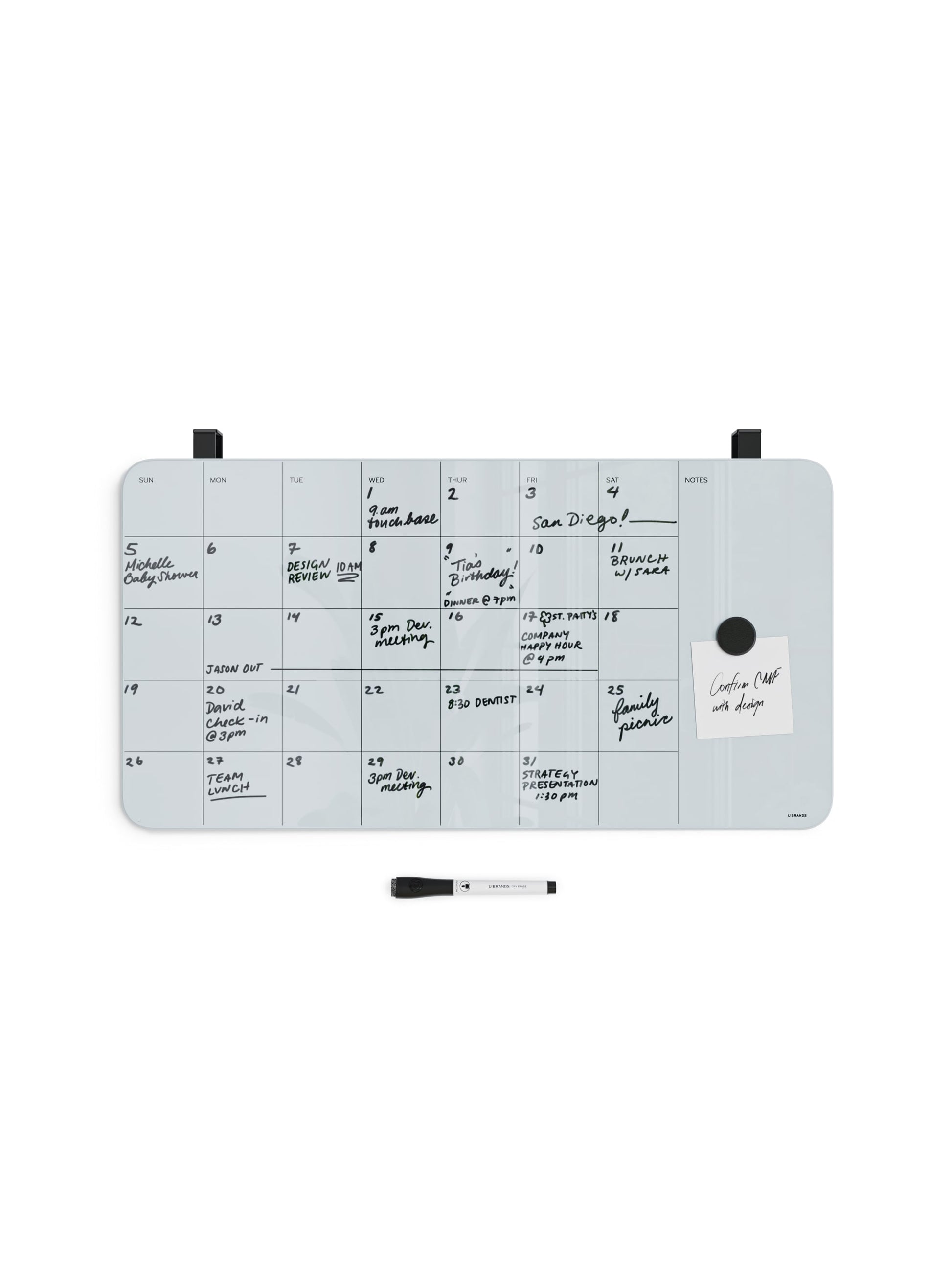 Glass Cubicle Magnetic Dry Erase Calendar Board, White, 23" x 12", 2' or Smaller, White, 23" X 12" Size, Set of 1, 817894023417