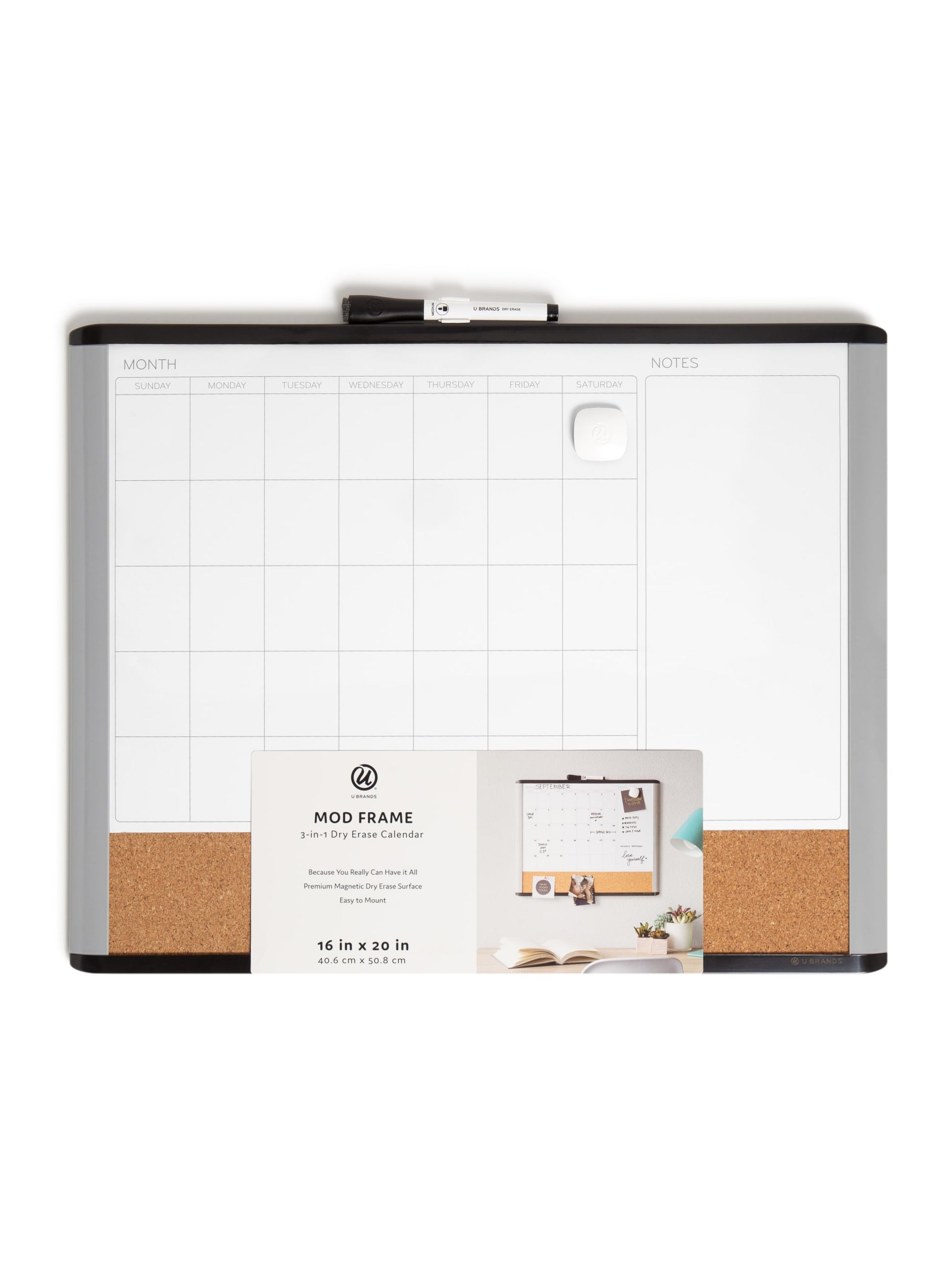 Mod Frame 3-in-1 Dry Erase Combo Calendar Board, Gray/Black, Assorted Colors, 2" x 1", 2' or smaller, Assorted Colors, 2" X 1" Size, Set of 1, 812296023881