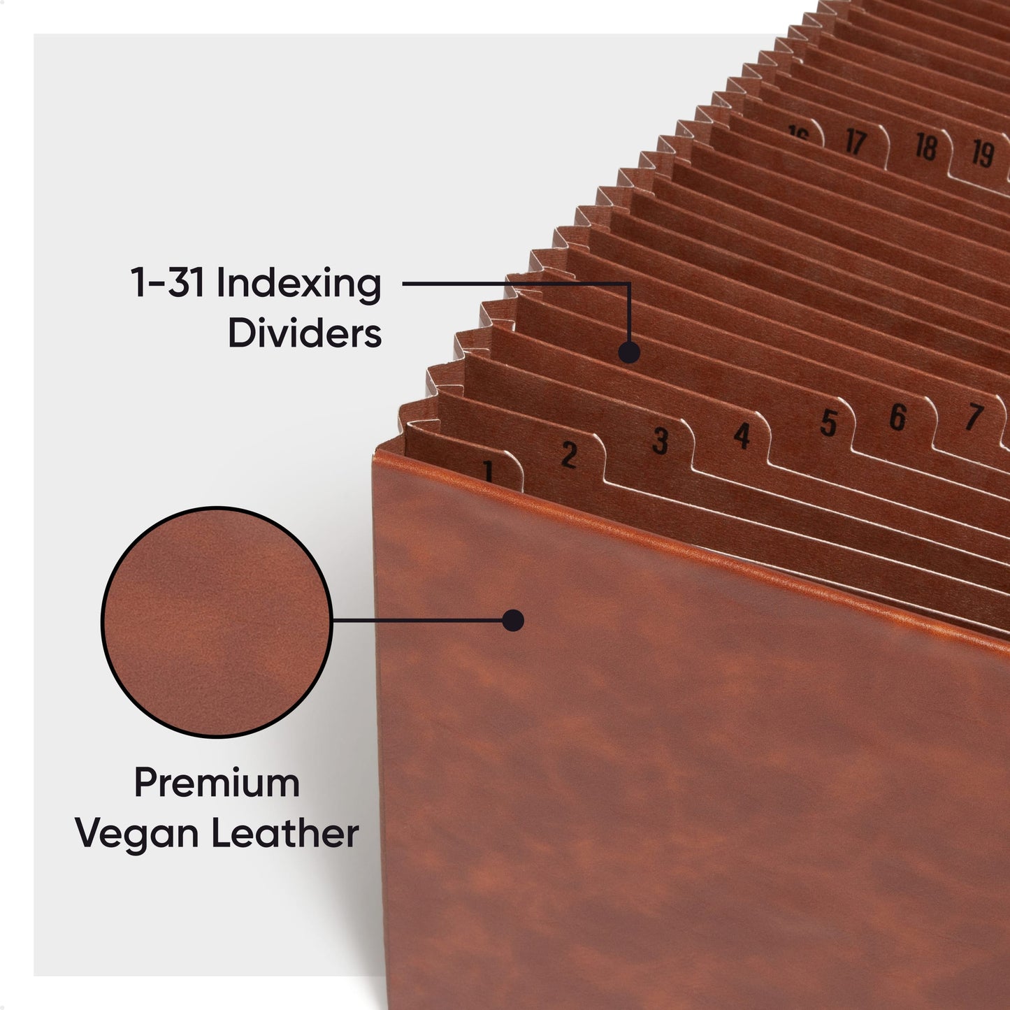 TUFF® Vegan Leather Expanding Files, 31 Pockets, Numerical , Brown Color, Letter Size, Set of 1, 086486737852