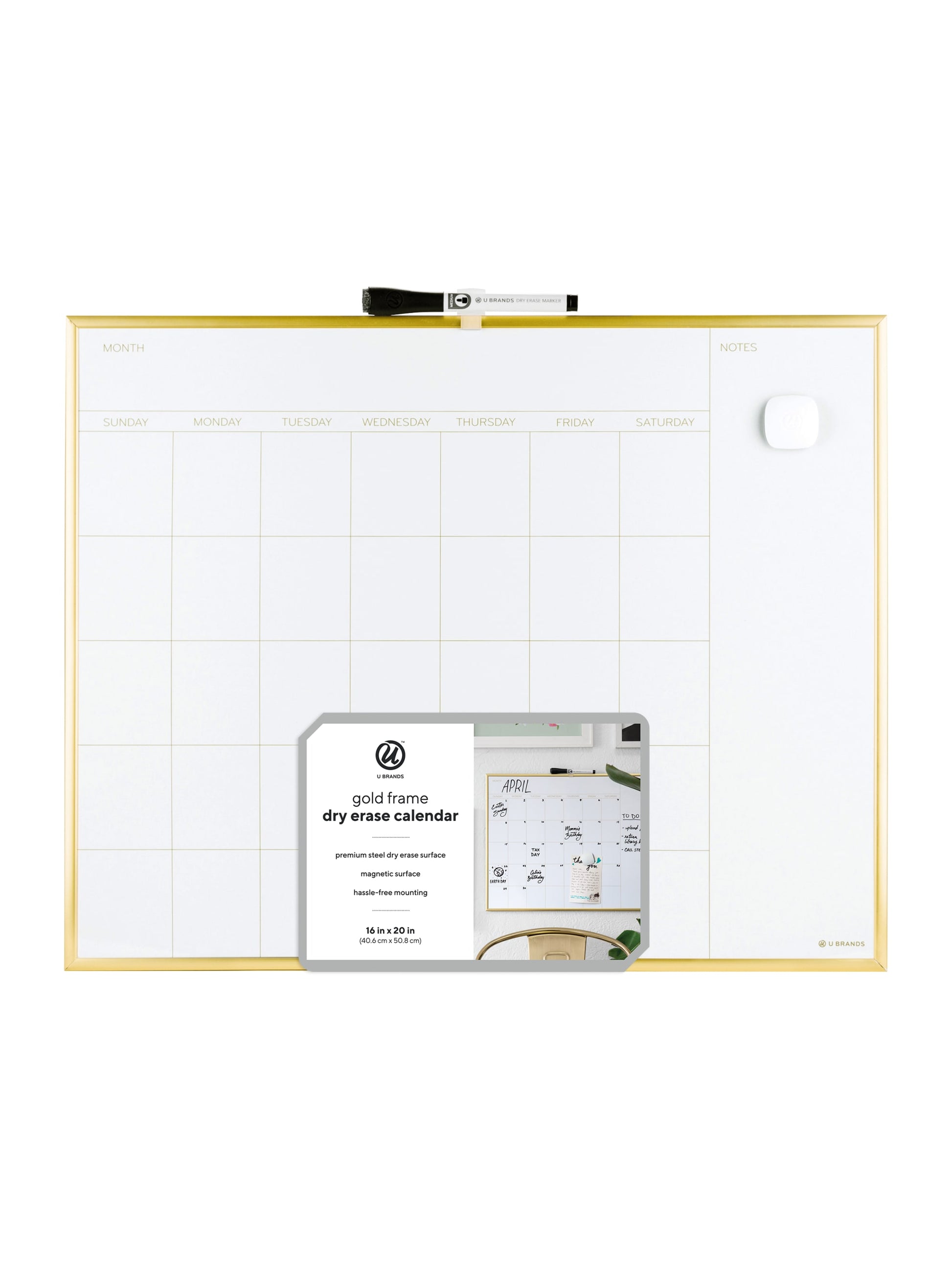 Metal Frame Dry Erase Calendar Board, Gold, White, 2" x 1", 2' or smaller, White, 2" X 1" Size, Set of 1, 812296023645