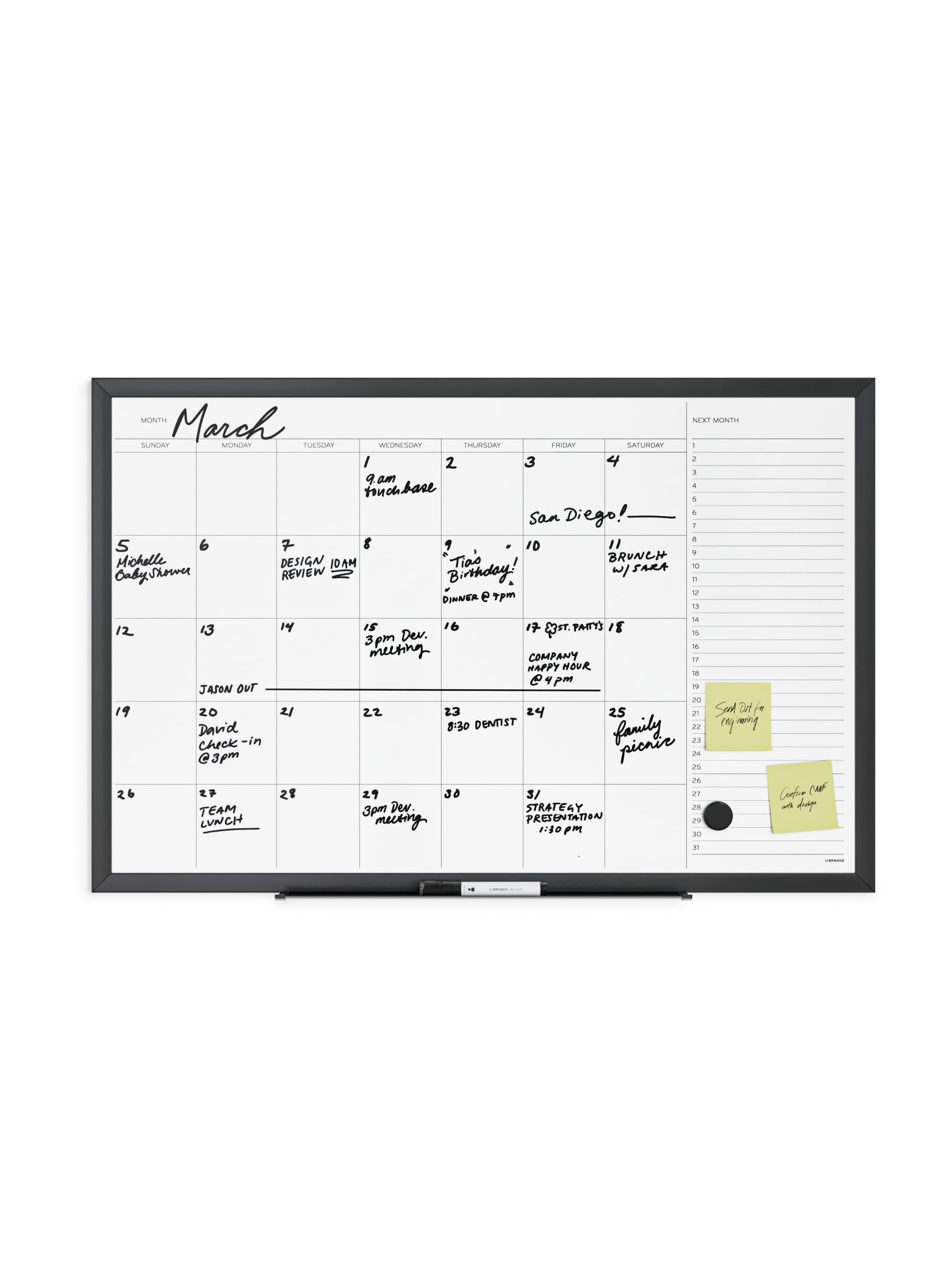 Metal Frame Dry Erase Calendar Board, Black, White, 23" x 35", 3 x 2, White, 23" X 35" Size, Set of 1, 817894028993