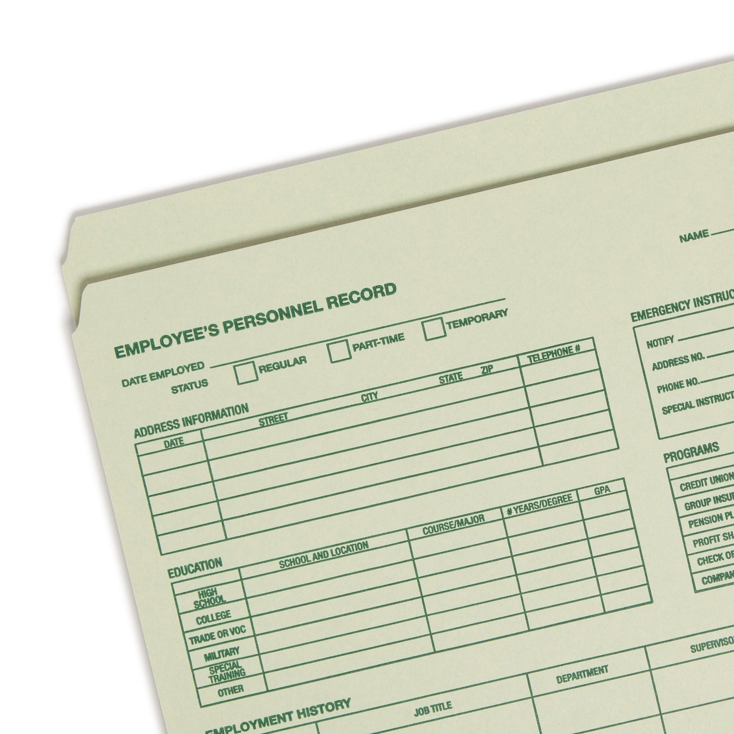 Employee Record File Folders, Moss Green Color, Letter Size, Set of 20, 086486770002