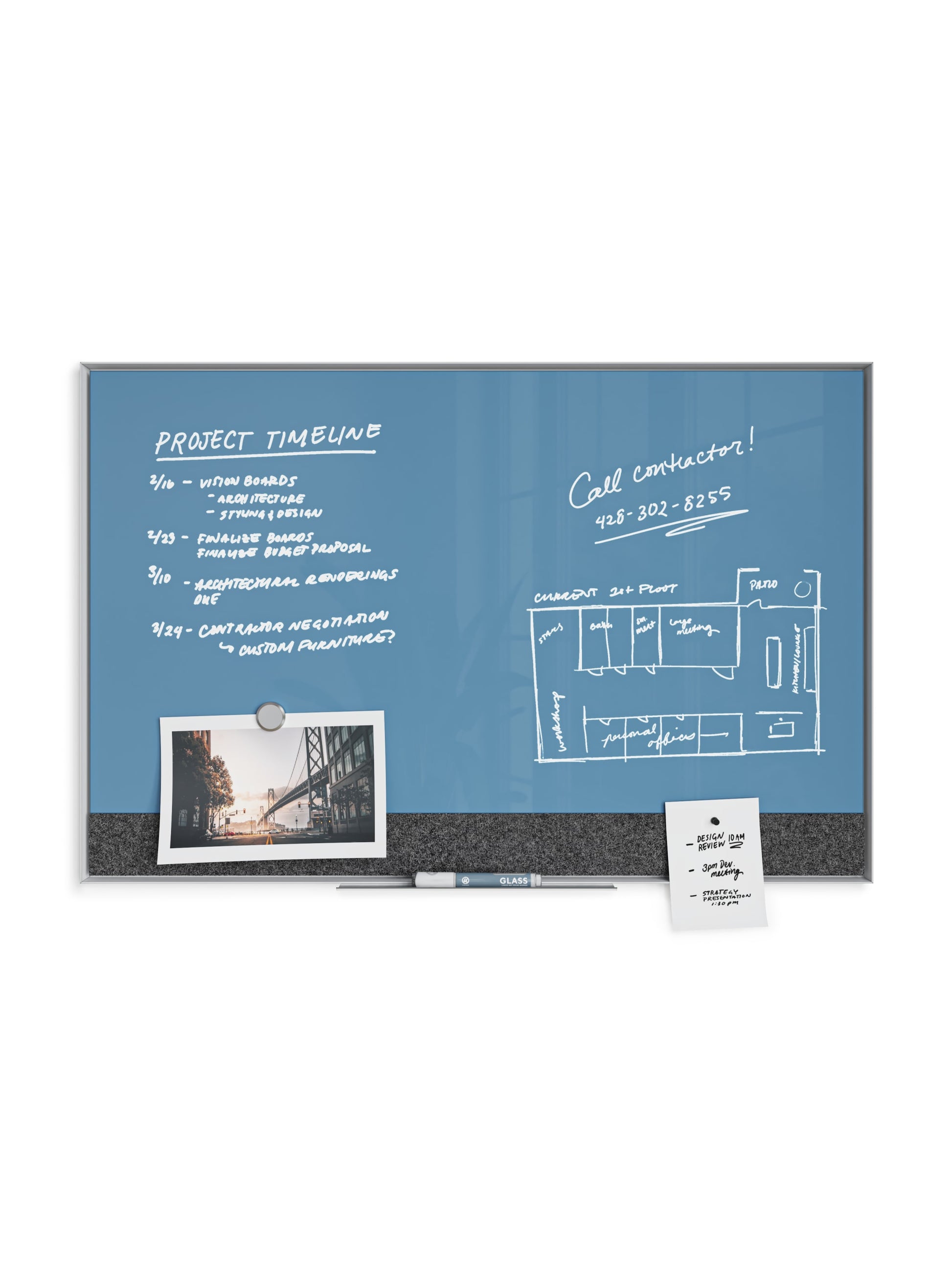 Aluminum Frame Non-Magnetic Glass Dry Erase Board, White, Blue, 35" x 23", 3 x 2, Blue, 35" X 23" Size, Set of 1, 843463131948