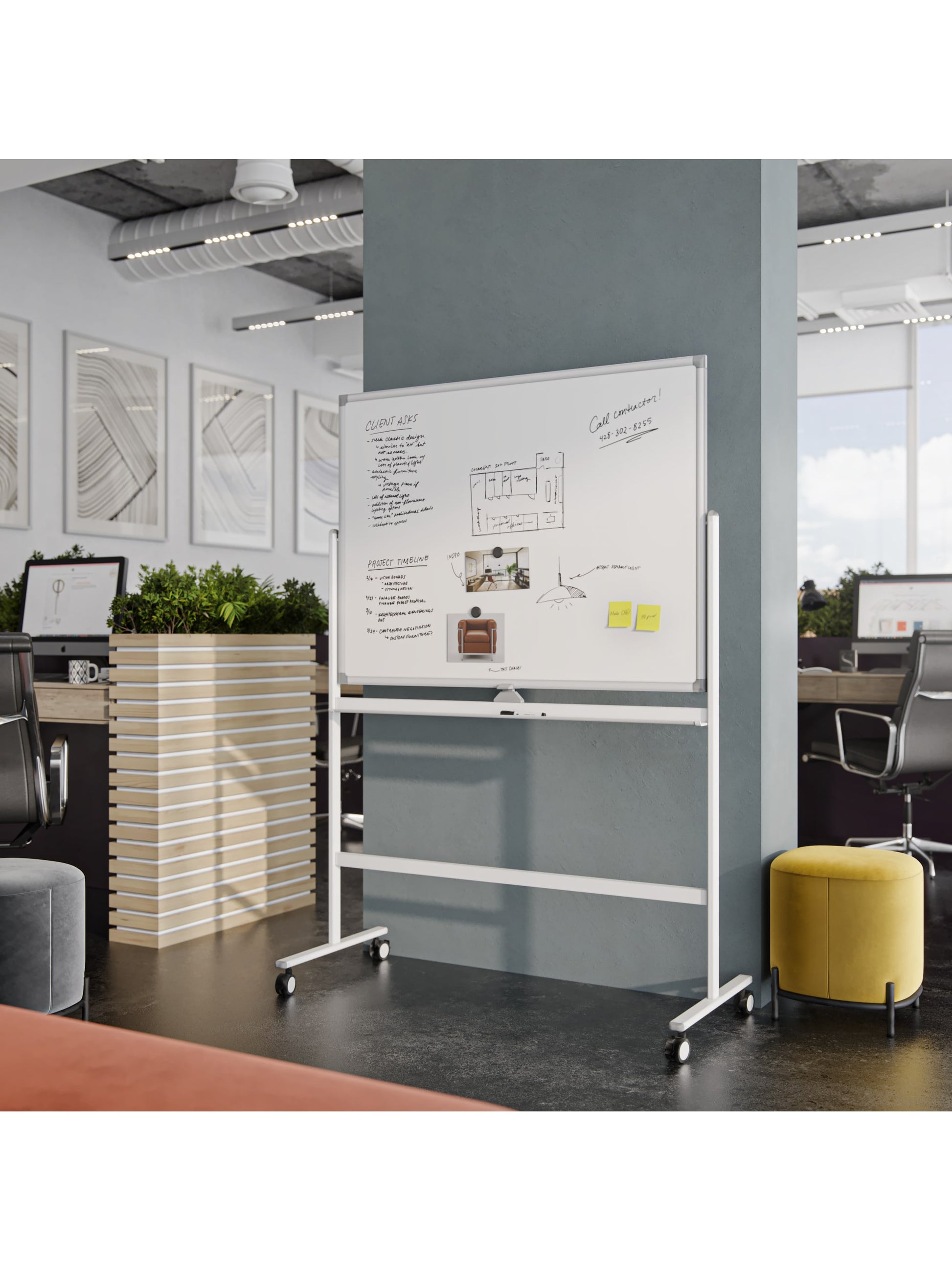 Double-Sided Dry Erase Rolling Easel, White, White, 47" x 35", 4 x 3, White, 47" X 35" Size, Set of 1, 843463145358