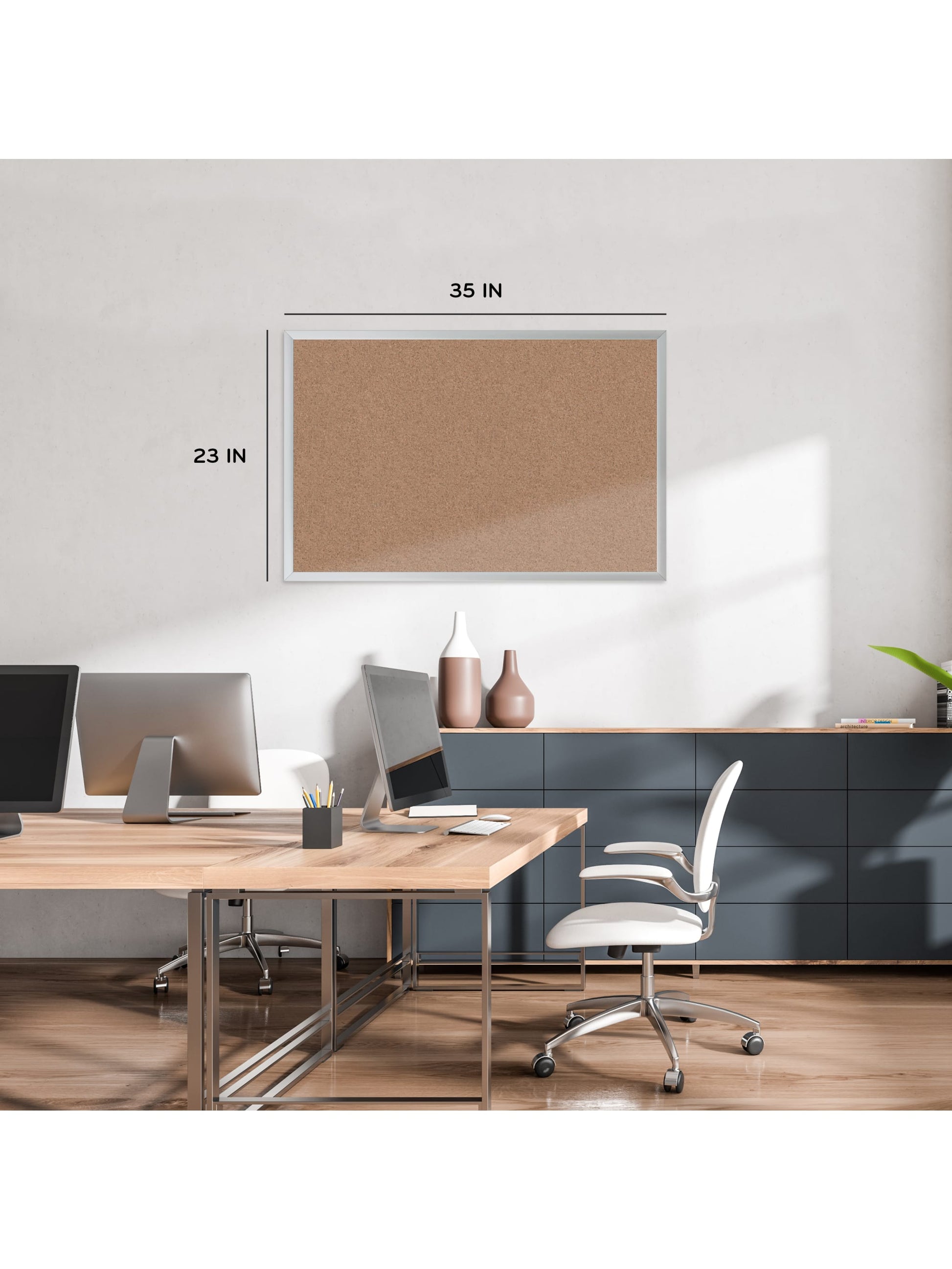 Aluminum Frame Cork Bulletin Board , 23 x 35, SilverMetal Frame Cork Board, Silver, Brown, 35" x 23", 3 x 2, Brown, 35" X 23" Size, Set of 1, 812296020217