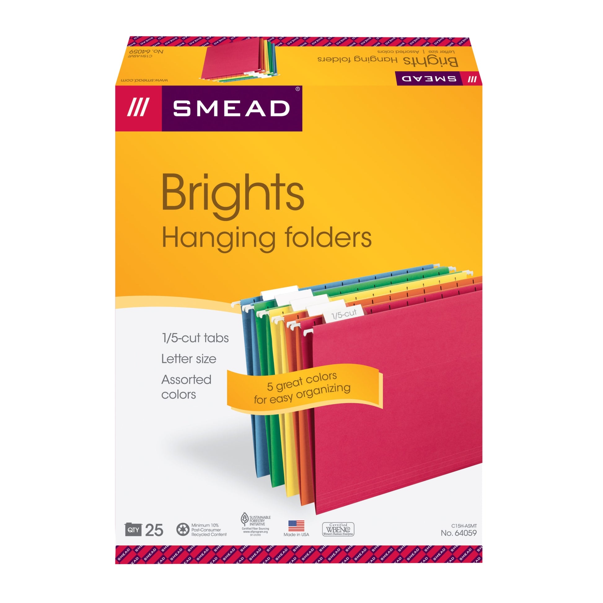 Standard Hanging File Folders with 1/5-Cut Tabs, Assorted Colors Color, Letter Size, Set of 25, 086486640596