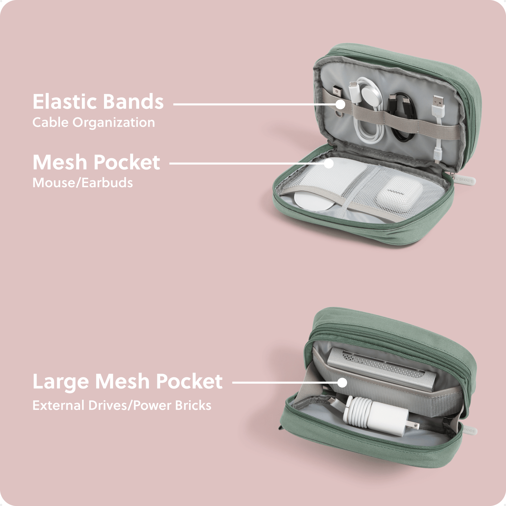 U Brands The Dual Zip - Eucalyptus - Canvas Tech Organizer