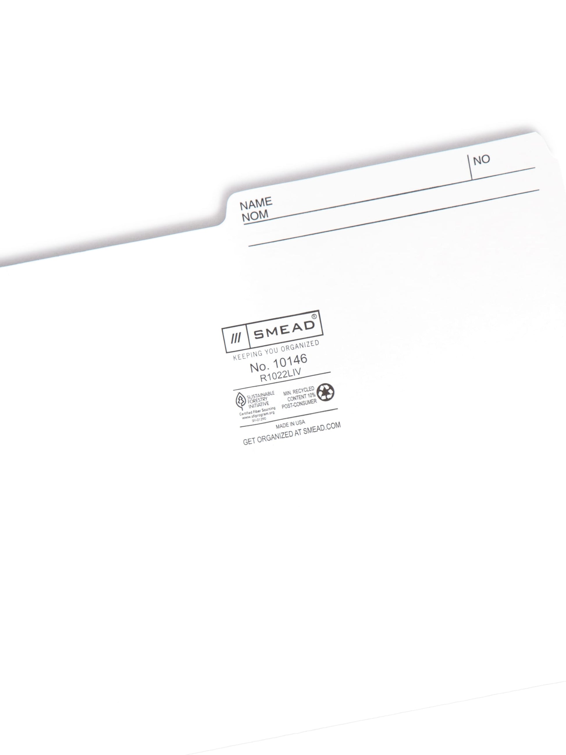 Reversible Printed Tab File Folders, 1/2-Cut Tab, 9 1/2 pt., Ivory Color, Letter Size, Set of 100, 086486101462